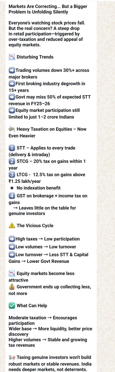 RAJEV PAUL (@rajev_paul) on Twitter photo This mesg makes a lot of sense
Only 1 -2Cr Indians actively participate in Stock Market & they're taxed heavily, which in turn reduces volumes & the tax collected
Isn't it wiser & prudent to reduce taxes & have a wider base?
Do read & share if it appeals to you
<a href="/AnilSinghvi_/">CA Anil Singhvi Zee Business</a> This mesg makes a lot of sense
Only 1 -2Cr Indians actively participate in Stock Market & they're taxed heavily, which in turn reduces volumes & the tax collected
Isn't it wiser & prudent to reduce taxes & have a wider base?
Do read & share if it appeals to you
<a href="/AnilSinghvi_/">CA Anil Singhvi Zee Business</a>