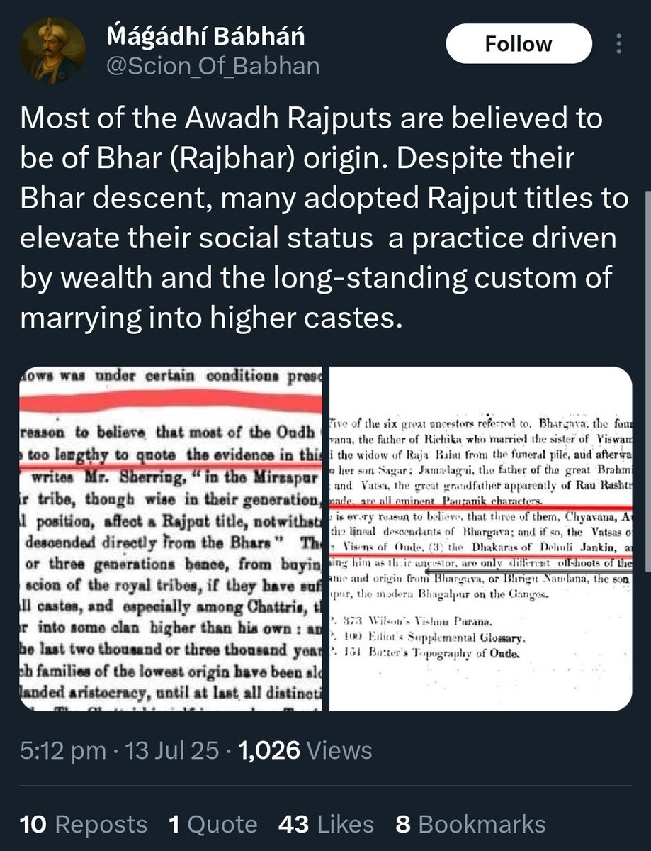 अगर इंडिया के ब्रह्मजाहिलो को लगता है कि अवध के ज्यादातर क्षत्रियों का निकास भर जाति से है। तो अवध के राजपूतों और भरो का जिलेवार जेनेटिक टेस्ट करवा ले सब दूध का दूध और पानी का पानी हो जाएगा।

अवध में आज भी उन्हीं राजपूत वंशों की ज्यादा आबादी और प्रभुत्व है जिनका इस क्षेत्र में
