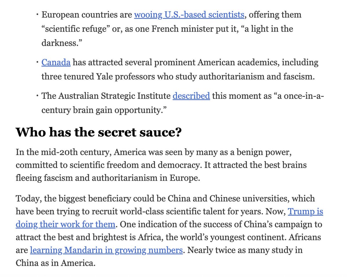 edwest's tweet image. I&apos;m extremely sceptical that the US is going to be brain-drained by Europe or China TBH. As for Canada gaining  &apos;three tenured Yale professors who study authoritarianism and fascism&apos; - it&apos;s not quite flight of the Huguenots stuff