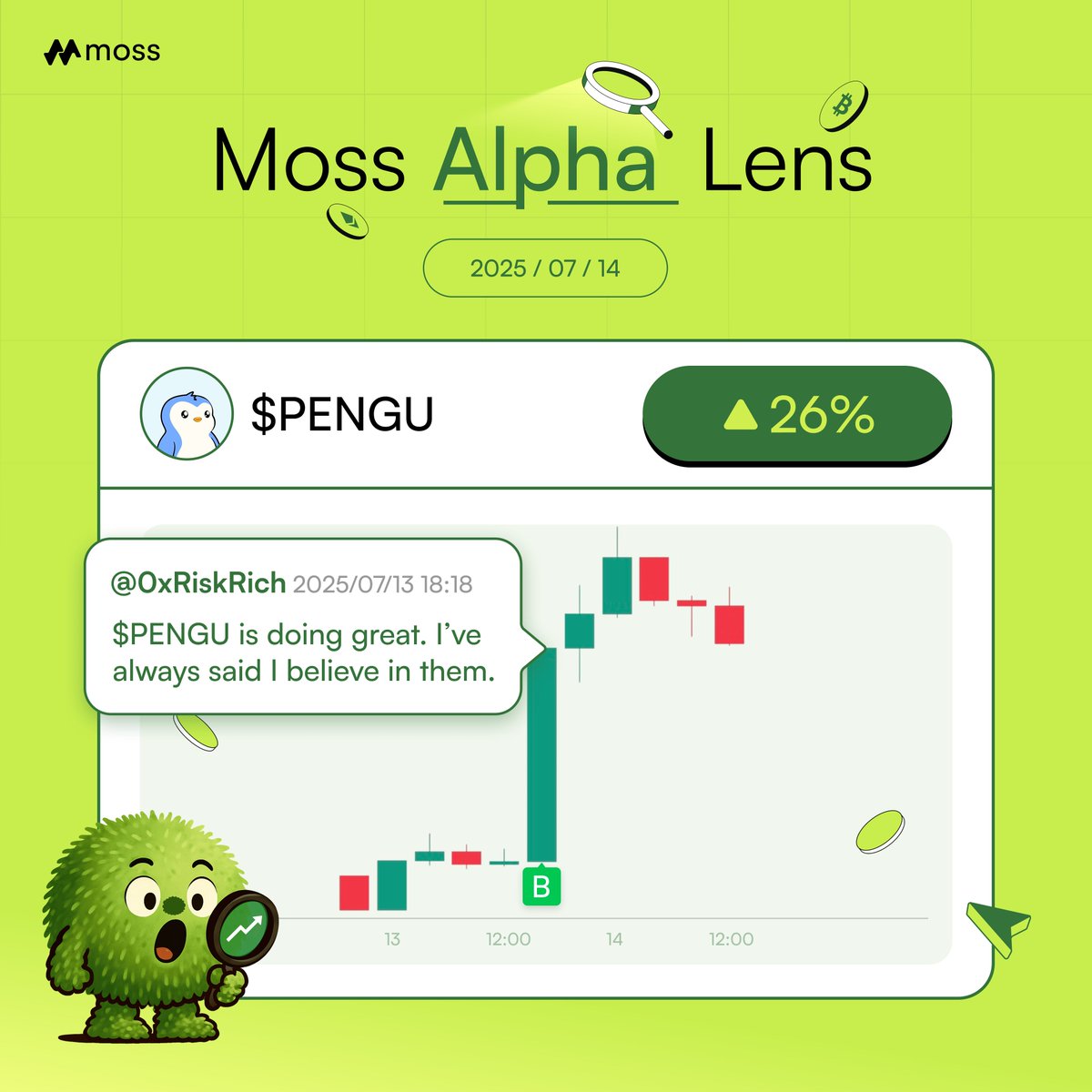 MOSS (@mossai_official) on Twitter photo Moss up ๐ #MossAlpha #Giveaway
Giveaways are back! 3 lucky winners will each get $20 USDT to celebrate your continued support!
How to join the lucky draw:
๐ Follow <a href="/MossAI_Official/">MOSS AI</a>
โฃ๏ธ Like + Repost this tweet
๐ต Winners announced in 48h
๐ Spotted by Moss Alpha Lens
$PENGU is Moss up ๐ #MossAlpha #Giveaway
Giveaways are back! 3 lucky winners will each get $20 USDT to celebrate your continued support!
How to join the lucky draw:
๐ Follow <a href="/MossAI_Official/">MOSS AI</a>
โฃ๏ธ Like + Repost this tweet
๐ต Winners announced in 48h
๐ Spotted by Moss Alpha Lens
$PENGU is