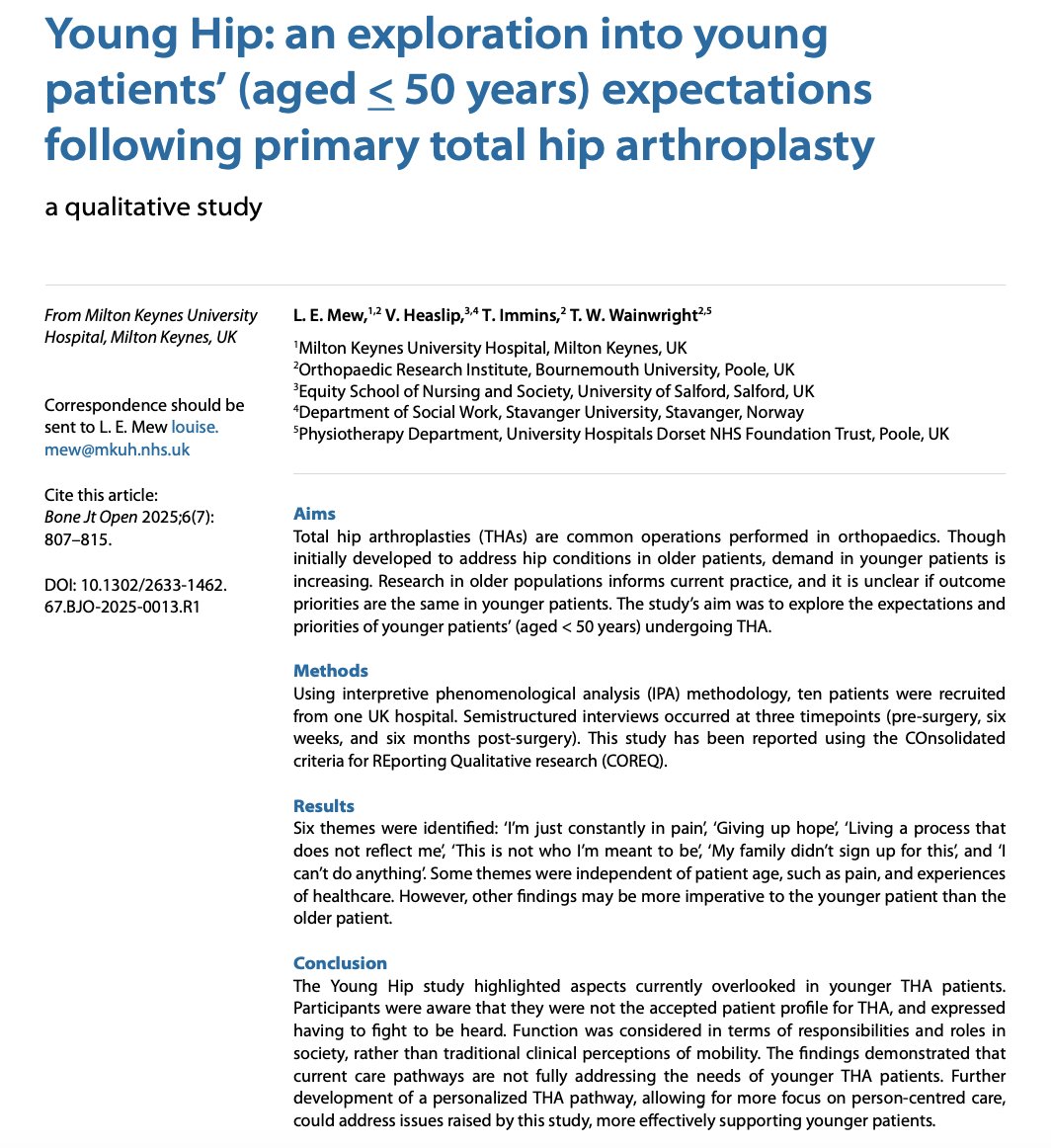 Tom Wainwright (@twwainwright) on Twitter photo New publication - Congrats <a href="/LouiseMew/">Louise Mew</a>
Young Hip: Expectations of THA in Under 50s - just published in <a href="/BoneJointOpen/">Bone & Joint Open</a> This work gives voice to younger hip patients & challenges assumptions about recovery, identity, and care needs.
microsites.bournemouth.ac.uk/ori/2025/07/14… New publication - Congrats <a href="/LouiseMew/">Louise Mew</a>
Young Hip: Expectations of THA in Under 50s - just published in <a href="/BoneJointOpen/">Bone & Joint Open</a> This work gives voice to younger hip patients & challenges assumptions about recovery, identity, and care needs.
microsites.bournemouth.ac.uk/ori/2025/07/14…
