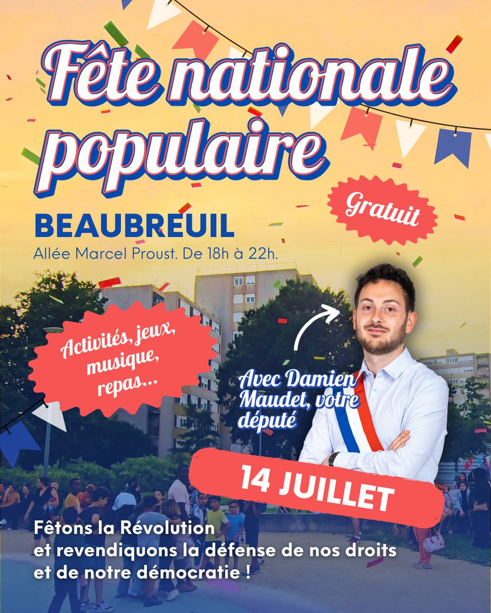 Ce 14 juillet, célébrons la Révolution toutes et tous ensemble !

Haut-Viennoises, Haut-Viennois : rejoignez-nous aujourd'hui à partir de 18h à Beaubreuil pour une magnifique fête nationale populaire 🥳🇫🇷

Barbecue, jeux, musique et défense de nos droits et de notre démocratie au