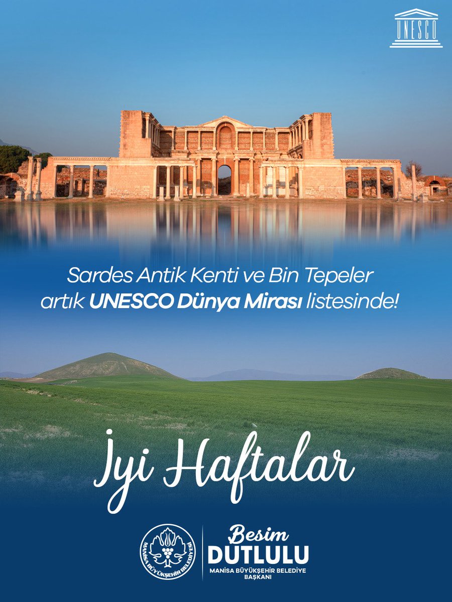 Manisa’mızın göz bebeği Sardes Antik Kenti ve Bin Tepeler Lidya Tümülüsleri, artık UNESCO Dünya Mirası Listesi’nde. Binlerce yıllık geçmişiyle kadim uygarlıkların izini taşıyan bu topraklar, tüm insanlığın ortak mirası.

Manisa’mızın eşsiz tarihinin dünya mirası sayılmasının