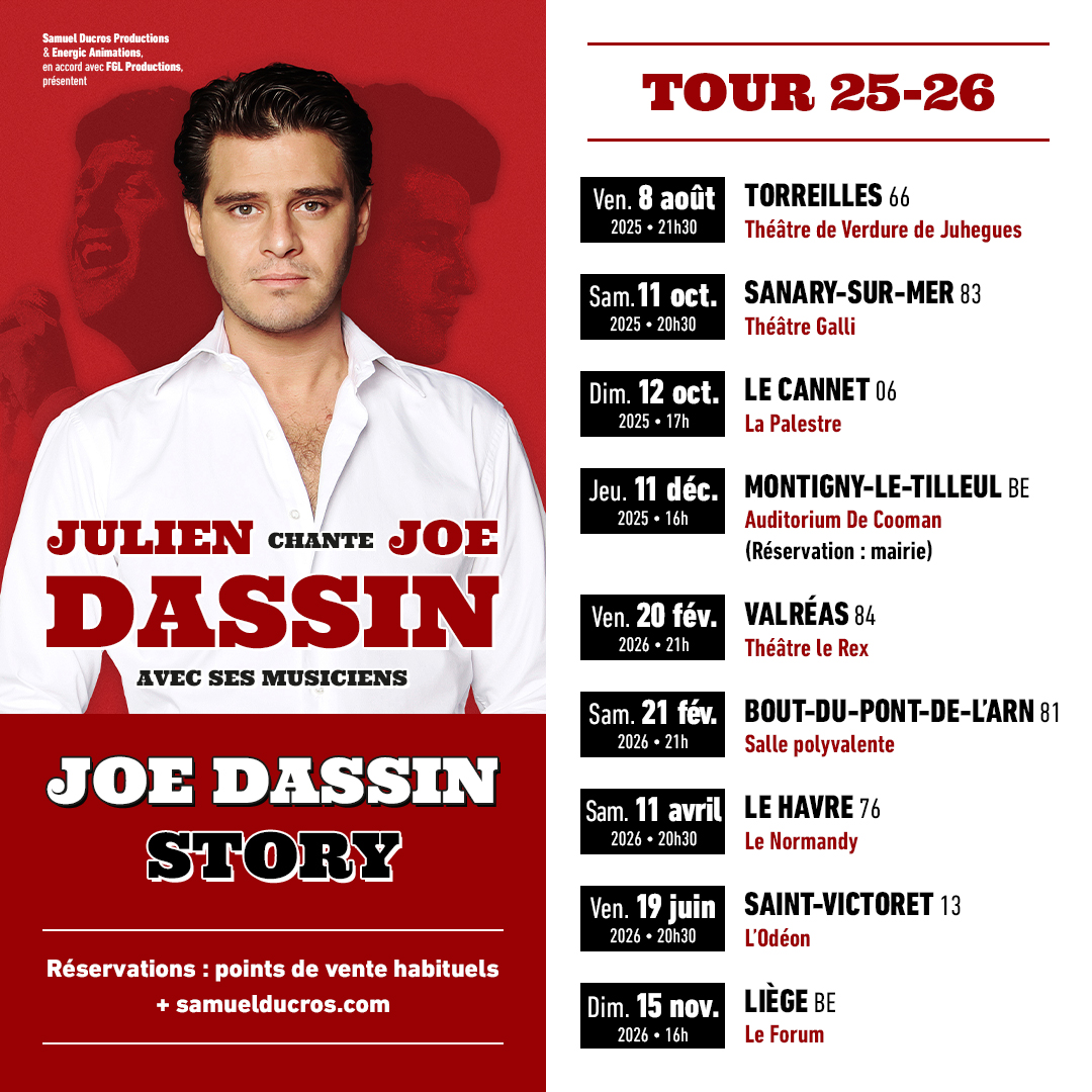 Julien Dassin présente Joe Dassin Story, un spectacle hommage vibrant à son père, reprenant ses plus grands succès. Une tournée émouvante à travers toute la France. Réservations dans les points de vente habituels. #JoeDassin #JulienDassin #Concert #ChansonFrançaise