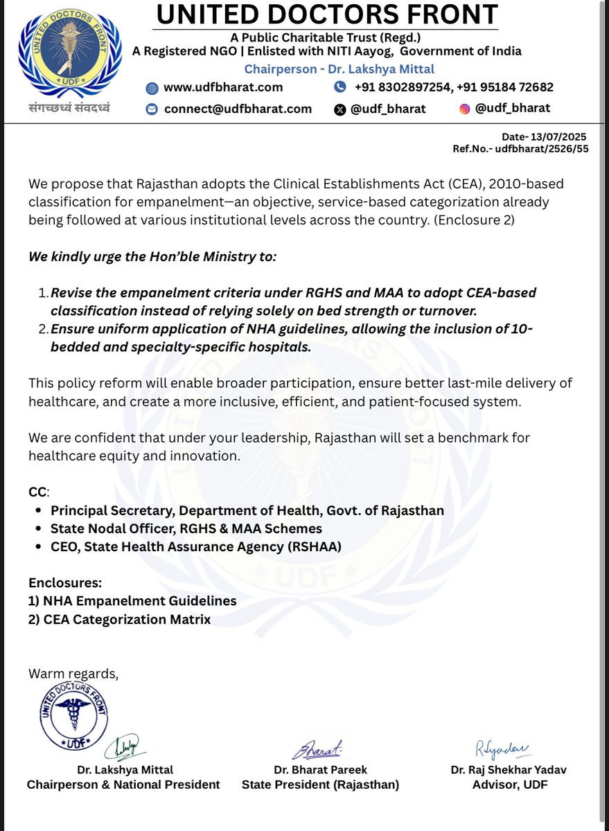UNITED DOCTORS FRONT (UDF) (@udf_bharat) on Twitter photo #Rajasthan
UDF рдХрд╛ рдмрдбрд╝рд╛ рд╣рд╕реНрддрдХреНрд╖реЗрдк тАУ
тАЬрдЕрдм рдмрджрд▓реЗрдЧрд╛ рдЕрд╕реНрдкрддрд╛рд▓реЛрдВ рдХрд╛ рдЪрдпрди рдкреИрдорд╛рдирд╛!тАЭ
рдмреЗрд╣рддрд░ рдЗрд▓рд╛рдЬ рдХрд╛ рдкреИрдорд╛рдирд╛ тАШрдмреЗрдбтАЩ рдирд╣реАрдВ, тАШрд╕реЗрд╡рд╛тАЩ рд╣реЛрдиреА рдЪрд╛рд╣рд┐рдП!
RGHS рдФрд░ MAA рдпреЛрдЬрдирд╛ рдХреЗ рд▓рд┐рдП рдиреАрддрд┐ рд╕реБрдзрд╛рд░ рдХреА рдорд╛рдВрдЧ !!
<a href="/RajCMO/">CMO Rajasthan</a> <a href="/RajGovOfficial/">Government of Rajasthan</a> <a href="/DIPRRajasthan/">рд╕реВрдЪрдирд╛ рдПрд╡рдВ рдЬрдирд╕рдореНрдкрд░реНрдХ рд╡рд┐рднрд╛рдЧ, рд░рд╛рдЬрд╕реНрдерд╛рди рд╕рд░рдХрд╛рд░</a> <a href="/pantlp/">LP Pant</a> @amitvyas11123 <a href="/VishnuRajgadia/">Dr. Vishnu Rajgadia</a> <a href="/drlakshyamittal/">DR.LAKSHYA MITTAL</a> #Rajasthan
UDF рдХрд╛ рдмрдбрд╝рд╛ рд╣рд╕реНрддрдХреНрд╖реЗрдк тАУ
тАЬрдЕрдм рдмрджрд▓реЗрдЧрд╛ рдЕрд╕реНрдкрддрд╛рд▓реЛрдВ рдХрд╛ рдЪрдпрди рдкреИрдорд╛рдирд╛!тАЭ
рдмреЗрд╣рддрд░ рдЗрд▓рд╛рдЬ рдХрд╛ рдкреИрдорд╛рдирд╛ тАШрдмреЗрдбтАЩ рдирд╣реАрдВ, тАШрд╕реЗрд╡рд╛тАЩ рд╣реЛрдиреА рдЪрд╛рд╣рд┐рдП!
RGHS рдФрд░ MAA рдпреЛрдЬрдирд╛ рдХреЗ рд▓рд┐рдП рдиреАрддрд┐ рд╕реБрдзрд╛рд░ рдХреА рдорд╛рдВрдЧ !!
<a href="/RajCMO/">CMO Rajasthan</a> <a href="/RajGovOfficial/">Government of Rajasthan</a> <a href="/DIPRRajasthan/">рд╕реВрдЪрдирд╛ рдПрд╡рдВ рдЬрдирд╕рдореНрдкрд░реНрдХ рд╡рд┐рднрд╛рдЧ, рд░рд╛рдЬрд╕реНрдерд╛рди рд╕рд░рдХрд╛рд░</a> <a href="/pantlp/">LP Pant</a> @amitvyas11123 <a href="/VishnuRajgadia/">Dr. Vishnu Rajgadia</a> <a href="/drlakshyamittal/">DR.LAKSHYA MITTAL</a>