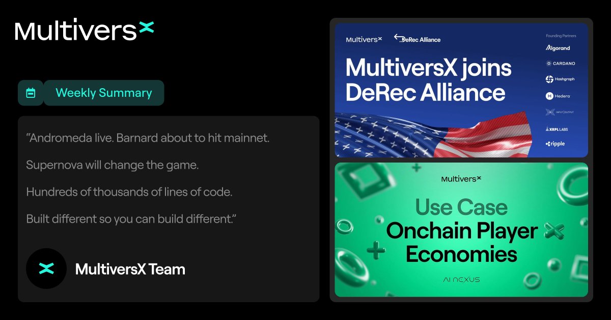 Multiversᕽ (@multiversx) on Twitter photo Last week in $EGLD 🌏
🇺🇸 Joined <a href="/DeRecAlliance/">DeRec Alliance</a>
🌴 AI agents coming with Vibe Studio II
📊 Ranked 1st by 30d dev activity growth
⚙ Tooling releases recap
🔍 Use case: onchain player economies
💿 Programmable money substrate
🗞️ Highlights of June
🛠 Weekly #multiversxtech
🙌 Last week in $EGLD 🌏
🇺🇸 Joined <a href="/DeRecAlliance/">DeRec Alliance</a>
🌴 AI agents coming with Vibe Studio II
📊 Ranked 1st by 30d dev activity growth
⚙ Tooling releases recap
🔍 Use case: onchain player economies
💿 Programmable money substrate
🗞️ Highlights of June
🛠 Weekly #multiversxtech
🙌