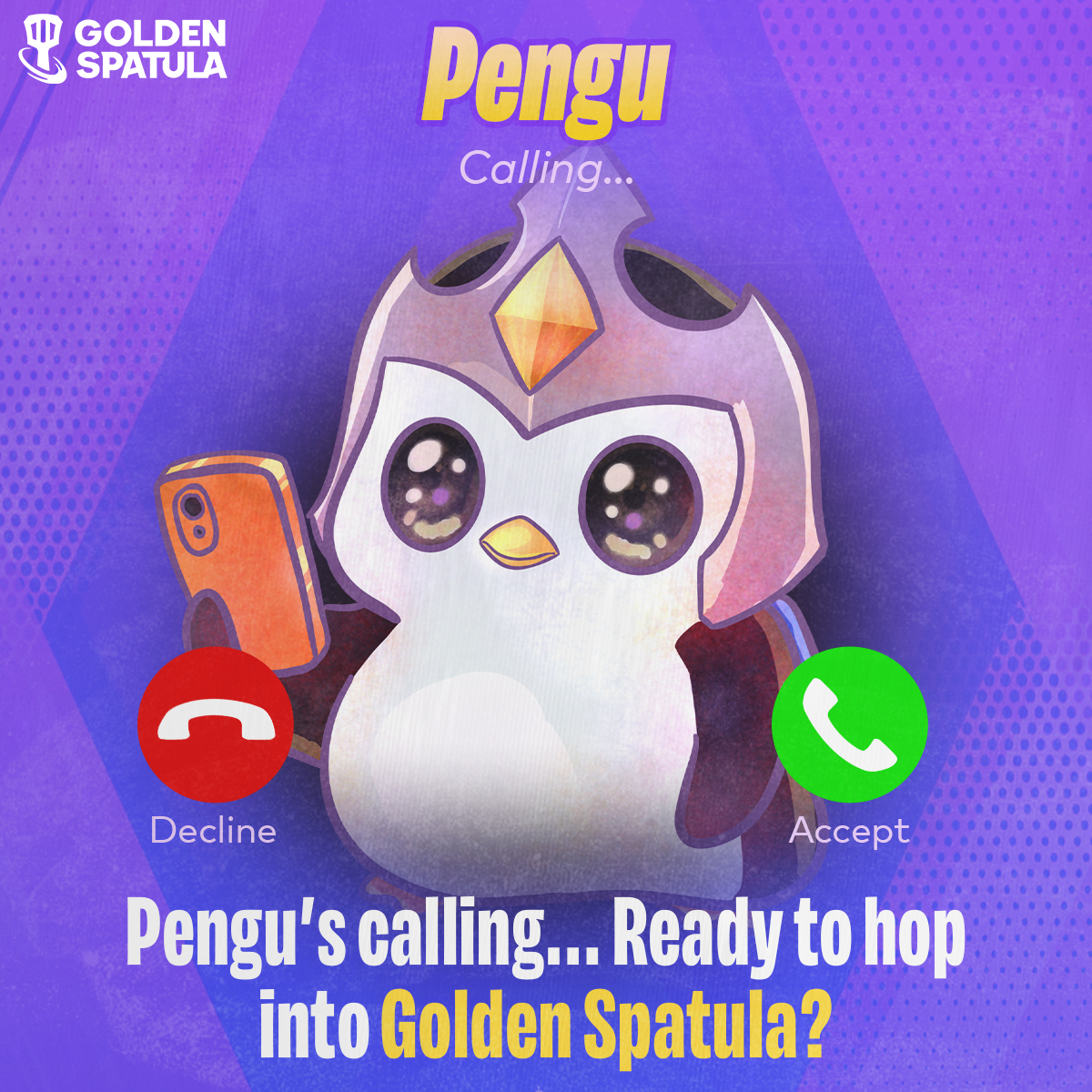 goldenspatula's tweet photo. 「Fan Art」
📞 Incoming call from Pengu.
Don’t leave him hanging 🐧 (He’s just a cutie.)
Play Golden Spatula now—Up! Up! Win!
👉 https://t.co/EFvRUxbIqS
#GoldenSpatula #CyberGS #SpatulaBash #GoldenSpatula4fun https://t.co/XSzsyxLFyH
