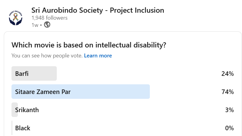 SAS_ProjectInc's tweet image. #ProjectInclusion Poll Series Result!
Q: Which movie is based on intellectual disability?
Correct Answer: b) #SitaareZameenPar

This new film highlights the lives of children with intellectual disabilities and spreads a message of empathy &amp;amp; inclusion.
 #InclusiveEducation