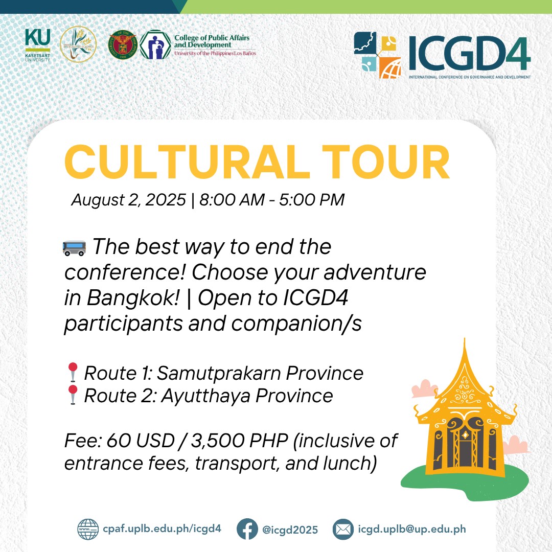 uplbcpaf's tweet photo. Come join us in Bangkok for the official #ICGD4 side events! Take this chance to meet fellow participants, reconnect, and explore the vibrant culture of Bangkok! 

If you are interested in joining any of these activities, visit: https://t.co/Nwbqj0oOlw

DEADLINE: JULY 15, 2025 https://t.co/4C31xVV8GI