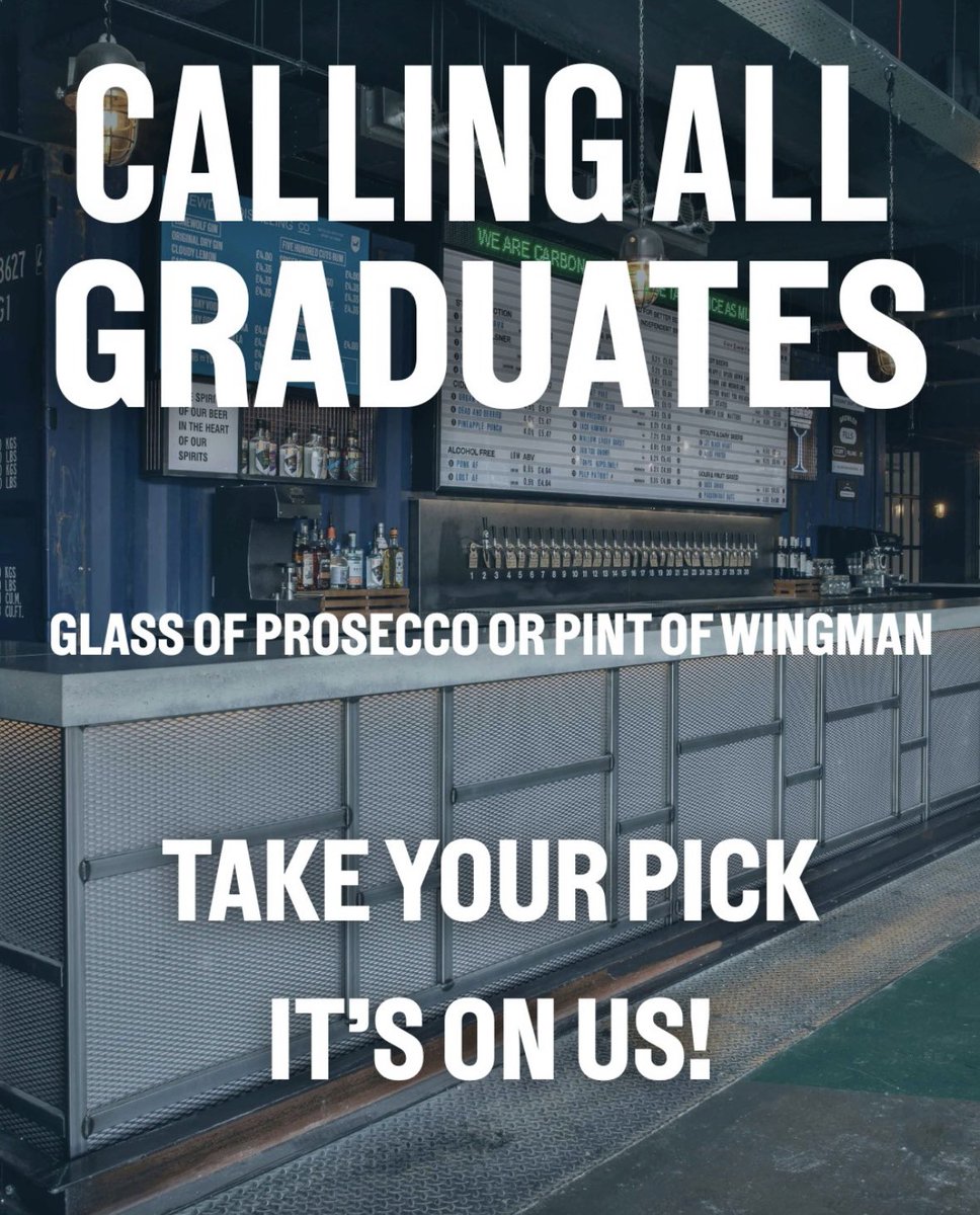 Princes Quay (@princesquayhull) on Twitter photo ๐ง๐ฝโ๐ Happy Graduation Day to all the students of Hull University. ๐ฉ๐ผโ๐
We hope you enjoy your celebrations!
Brewdog Hull are celebrating in style offering a *free glass of ๐ฅProsecco or pint of ๐ปWingman for the clever clogs graduate ๐จโ๐ at Brewdog Hull.
*tโs & cโs apply. ๐ง๐ฝโ๐ Happy Graduation Day to all the students of Hull University. ๐ฉ๐ผโ๐
We hope you enjoy your celebrations!
Brewdog Hull are celebrating in style offering a *free glass of ๐ฅProsecco or pint of ๐ปWingman for the clever clogs graduate ๐จโ๐ at Brewdog Hull.
*tโs & cโs apply.