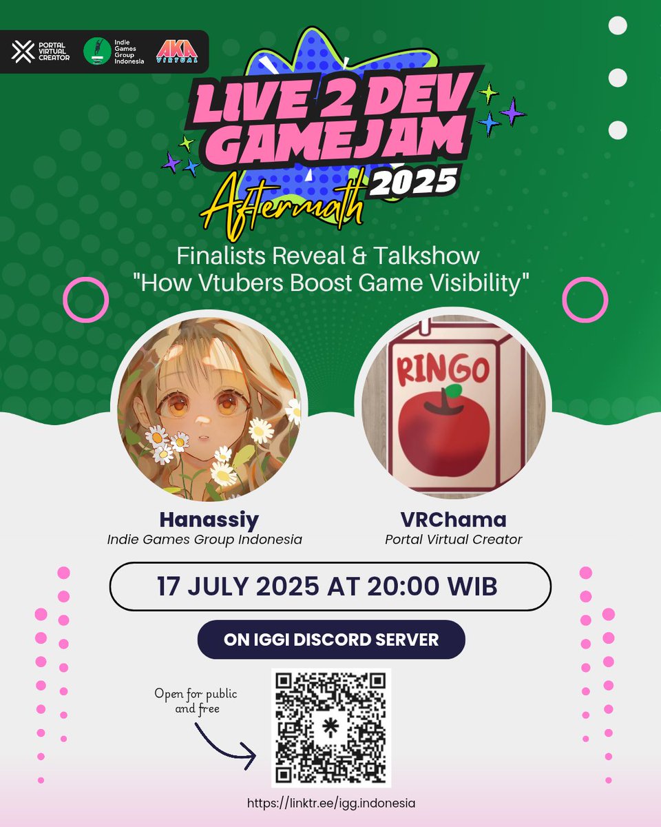 Portal Virtual Creator (@portal_creator_) on Twitter photo Kamis ini, pengumuman 10 Finalis #Live2Dev! ๐
Dari 60 game dan 250 peserta, siapa yang akan melangkah ke akhir?
Lanjut dengan talkshow bareng <a href="/igg_indonesia/">igg_indonesia</a> & <a href="/VRchama/">Valentino Ringo ๐</a>:
๐๏ธ Membahas kolaborasi VTuber & GameDev bisa bantu distribusi game makin luas!
Jangan sampai ketinggalan! โจ Kamis ini, pengumuman 10 Finalis #Live2Dev! ๐
Dari 60 game dan 250 peserta, siapa yang akan melangkah ke akhir?
Lanjut dengan talkshow bareng <a href="/igg_indonesia/">igg_indonesia</a> & <a href="/VRchama/">Valentino Ringo ๐</a>:
๐๏ธ Membahas kolaborasi VTuber & GameDev bisa bantu distribusi game makin luas!
Jangan sampai ketinggalan! โจ