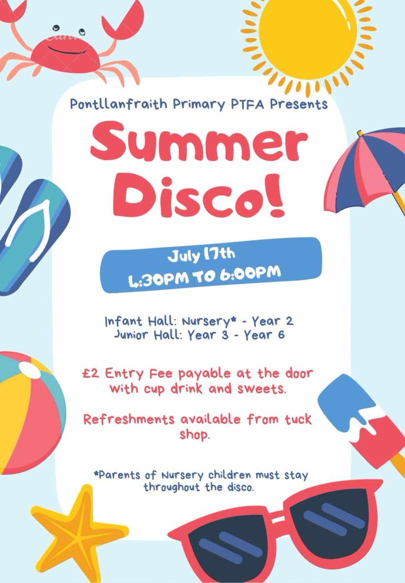 Reminder that the end of year Summer Disco is this Thursday. Last one for our current year 6s🫶. 
Juniors will have extra treats to purchase, LED Foam light sticks 🤩💫. Let's go out with a bang! 🪩🥳💃🕺. <a href="/PontPrimary/">PontllanfraithPri</a>