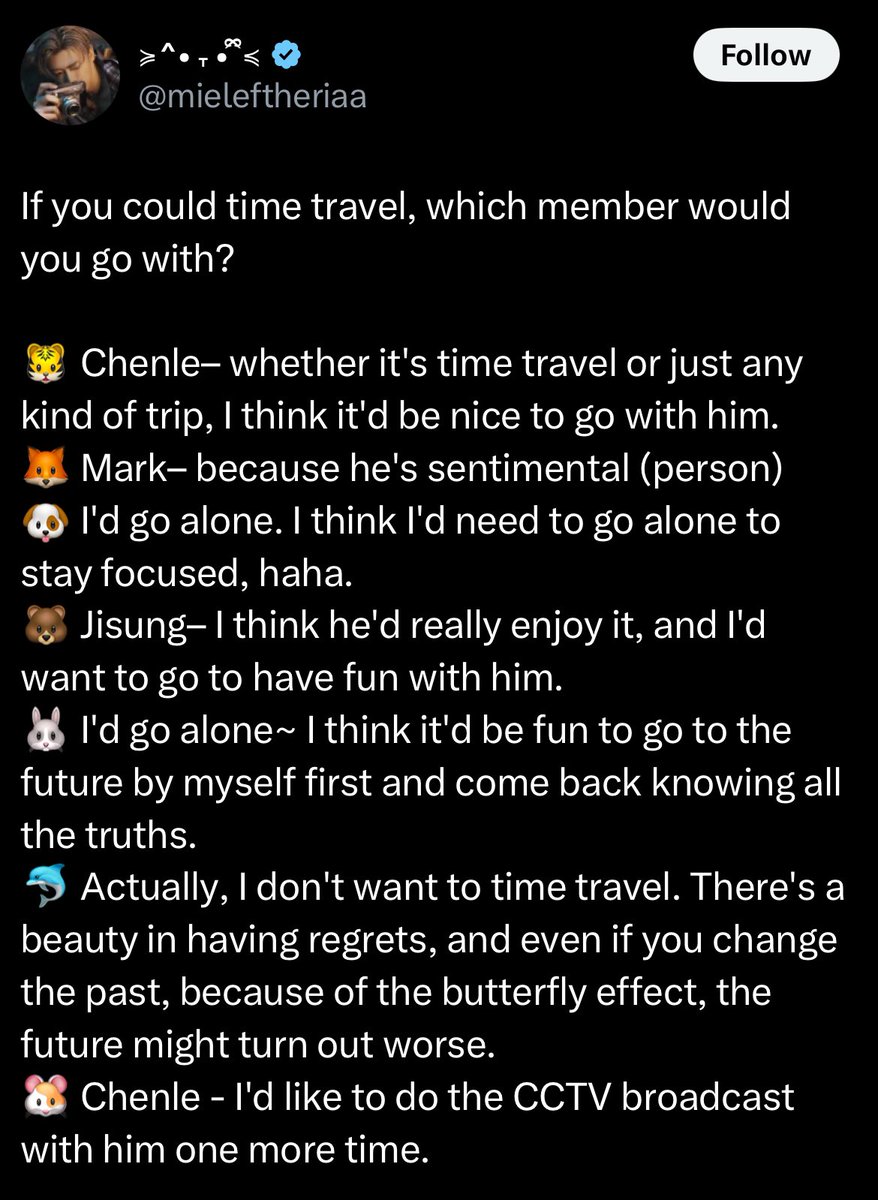 คำตอบแต่ละคนคือคาเรคเตอร์ชัดมาก55555555 โน่กับแจมไม่อยากไปกับใคร อยากไปคนเดียว น้องเล่อก็ไม่อยากไป เพราะเดี๋ยวมี butterfly affect อะไรๆอาจจะเปลี่ยนไปก็ได้