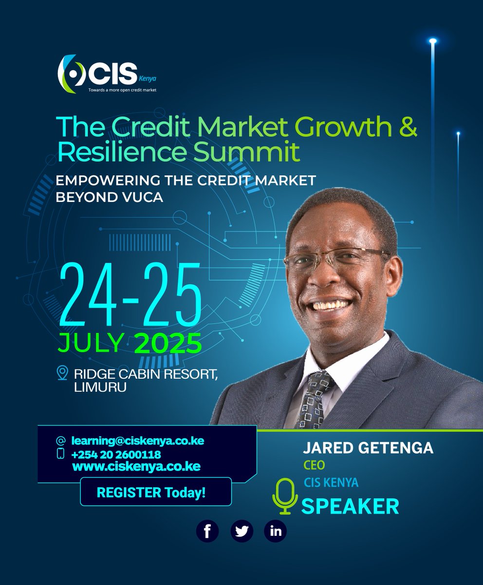 We are honored to have our CEO, Jared Getenga, as a key speaker at The Credit Market Growth &amp; Resilience Summit. As the pioneer of CIS in Kenya and with a career at the <a href="/CBKKenya/">Central Bank of Kenya</a> and the <a href="/WorldBank/">World Bank</a>, Jared brings an unparalleled depth of experience.
lnkd.in/dHZHjmxd