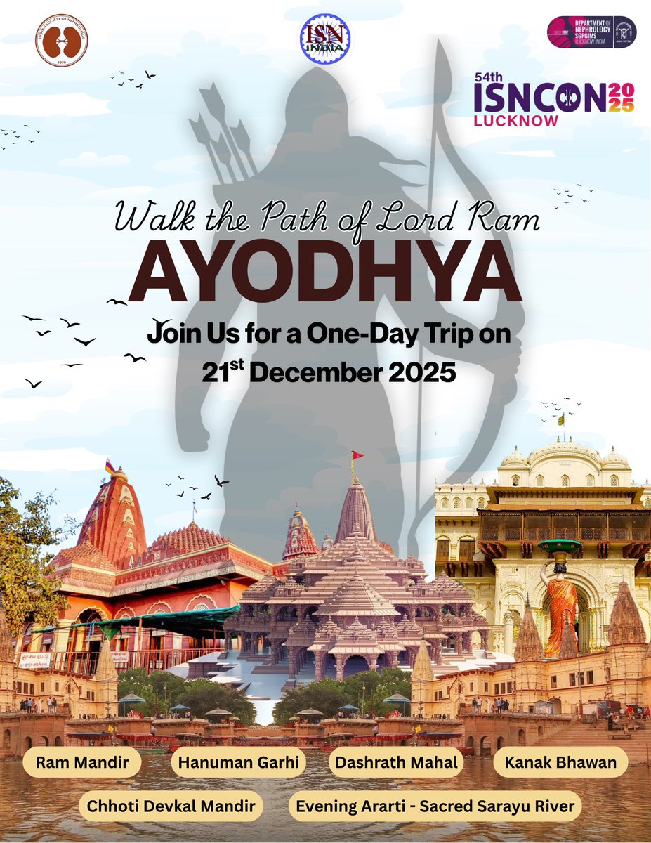 Isncon25's tweet image. πΈ Walk the Path of Lord Ram π
Join us for a spiritually enriching One-Day Trip to Ayodhya on 21st December 2025 as part of #ISNCON2025 β¨
πAn unforgettable journey through devotion, heritage & history.
#Ayodhya #RamMandir #ISNCONLucknow #SpiritualRetreat #LordRam #ISNCON54
