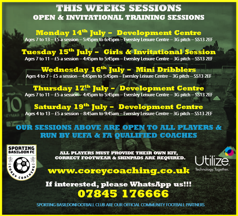 ⭐️ SESSION PLANNER ⭐️

Based in Basildon and our sessions are open to all players, all abilities, can play for a club or looking for a club. All our coaches are DBS checked,  UEFA and FA Qualified. 

coreycoaching.co.uk

07845 176666

⚽️🟢⚪️

#community #football