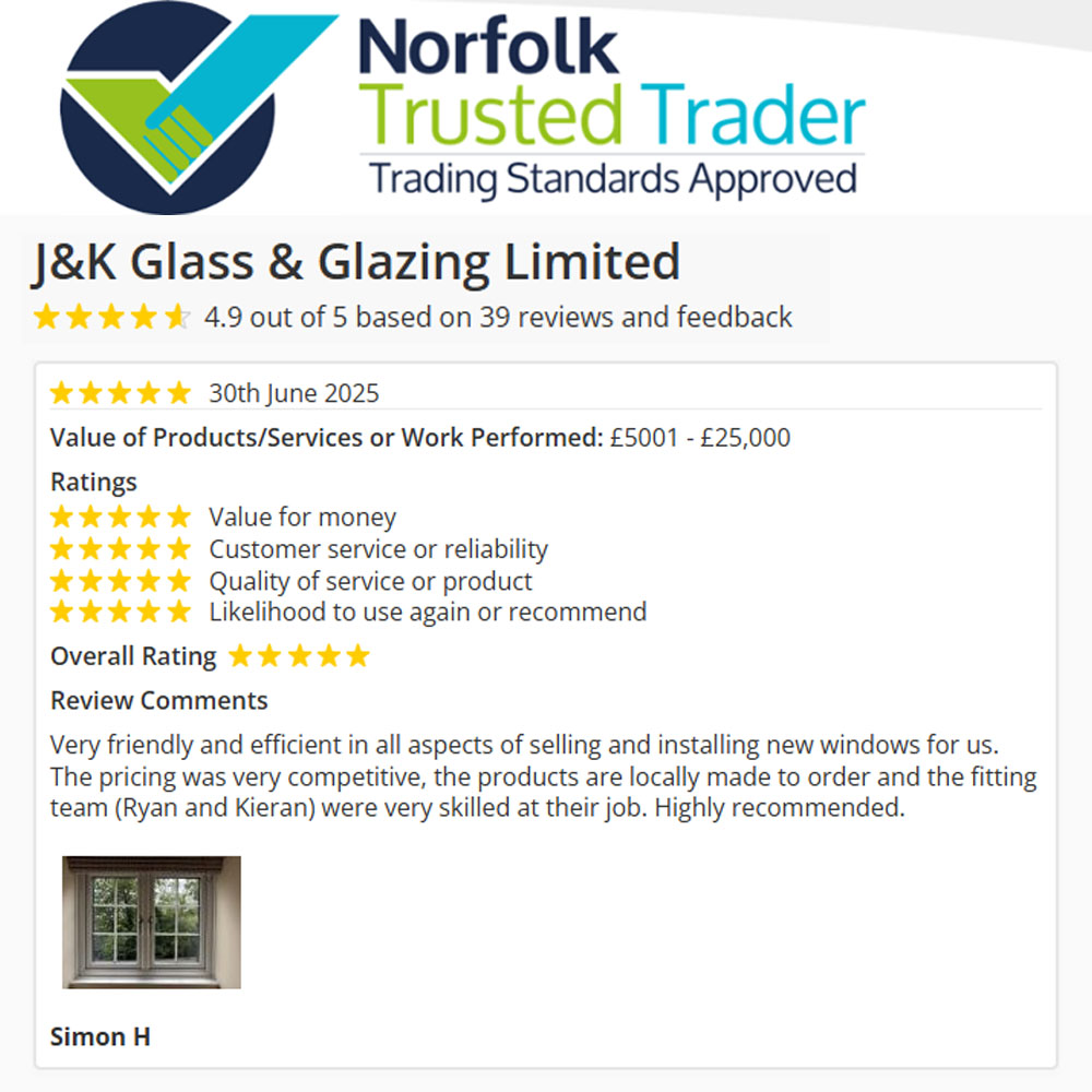 VettedTraders's tweet image. "The pricing was very competitive...products are locally made to order and the fitting team were very skilled at their job",another happy customer for Trading Standards Approved J&K Glass & Glazing Limited 👏
trustedtrader.team/Norfolk/JandK-…
#Norfolk #TrustedTrader