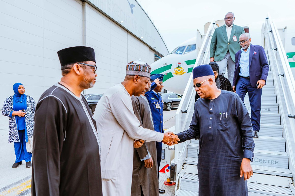 Vice President <a href="/KashimSM/">Kashim Shettima</a>, accompanied by the Chief of Staff to the President, Hon. <a href="/femigbaja/">Femi Gbajabiamila</a>, has arrived in London and was received by the Minister of Foreign Affairs, Amb. <a href="/YusufTuggar/">Hon. Yusuf Maitama Tuggar</a>, and Borno State Governor, <a href="/ProfZulum/">Prof. Babagana Umara Zulum</a>.

The Vice President proceeded to London on the