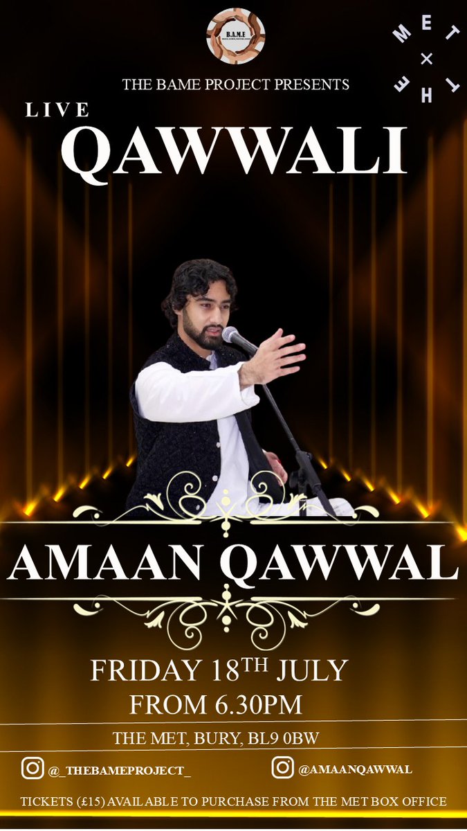 First time in <a href="/themet/">The Met</a> Bury, UKs youngest Qawwal performing live!
Don't miss it!
Friday 18th July 7pm.
#qawwali #amaanqawwal #soul #heritage #asianmusic #desi 
<a href="/TamoorT/">Cllr Tamoor Tariq</a> <a href="/UmmranaF/">Ummrana Farooq</a>