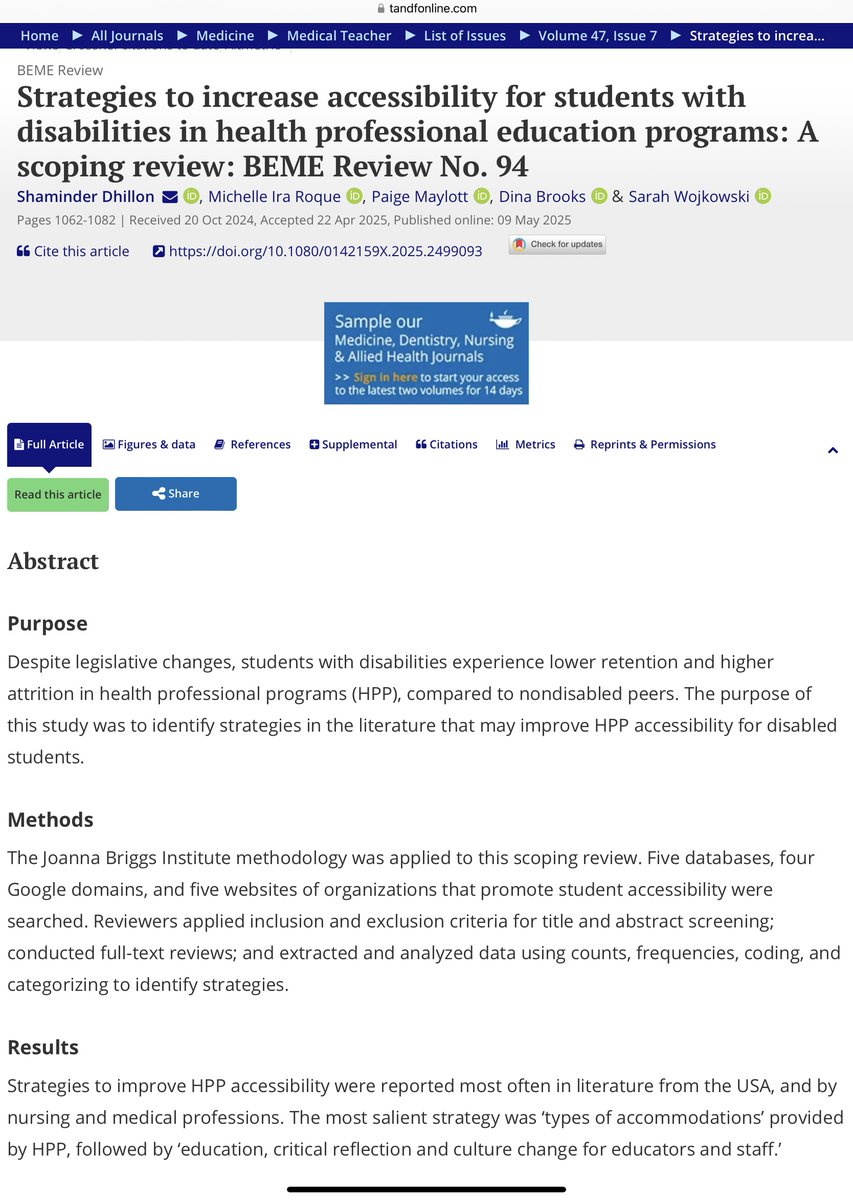 ♿ Celebrating #DisabilityPrideMonth with action! 

How accessible are health professional education programmes? This BEME Review published on #MedicalTeacher maps strategies to increase accessibility for students with disabilities 

🔗 ow.ly/kQbs50Wn5GB