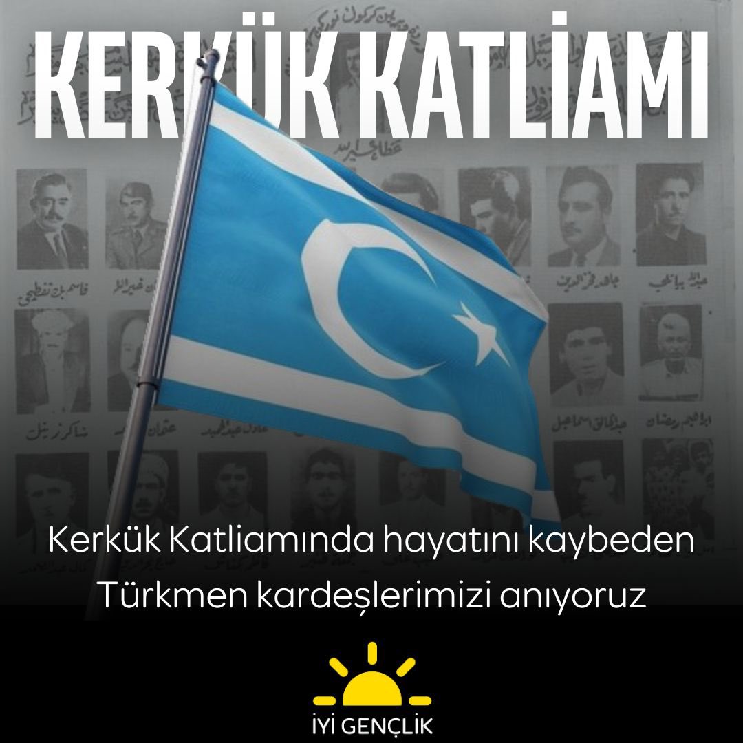 Türkmeneli’nin öz diyarı Kerkük’te, tarihe kara bir leke gibi geçen katliamın yıl dönümünde, toprağa düşen canlarımızı hürmet ve rahmetle anıyoruz.

Kerkük Türk’tür, ebediyen Türk kalacaktır!

<a href="/iyiparti/">İYİ Parti</a>