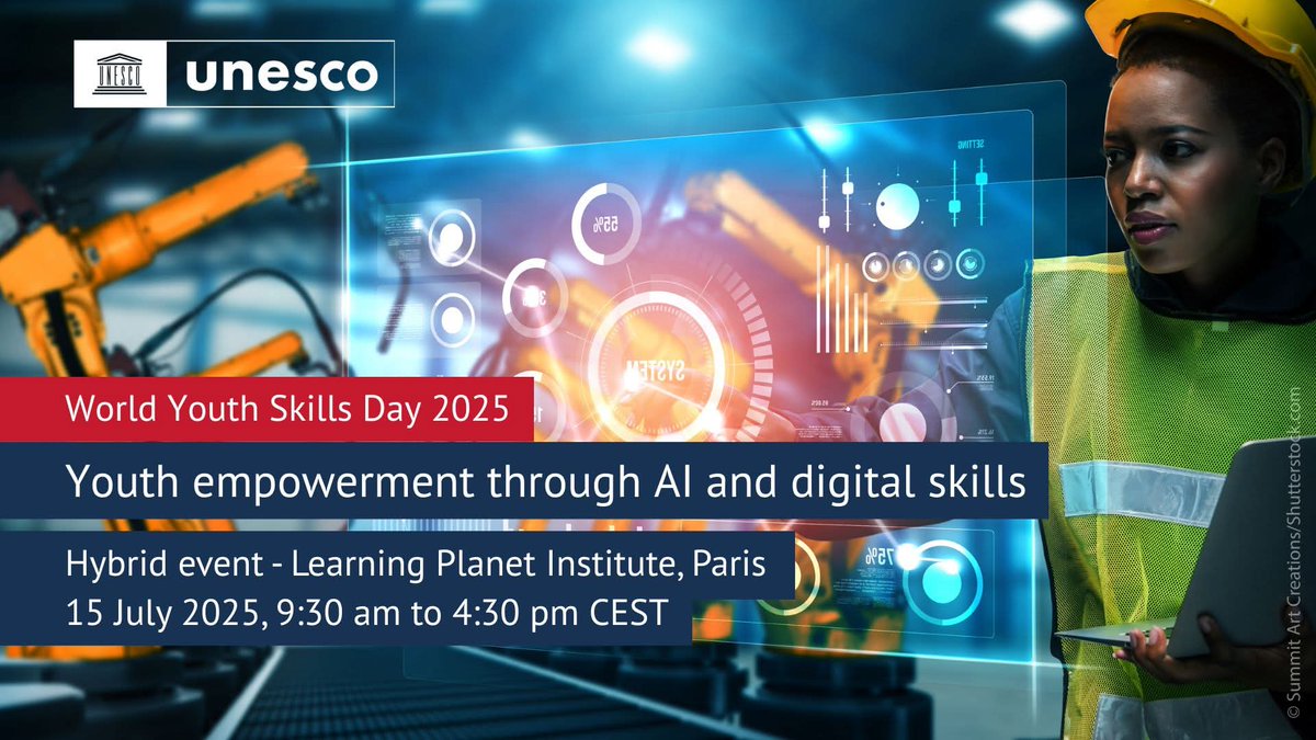 Join #UNESCO on #WorldYouthSkillsDay for a global celebration of youth, AI &amp; digital skills!

🎤 Hear from changemakers &amp; experts
💡 Discover AI's impact on education &amp; jobs
🗣️ Be inspired by youth innovation

🔟 Celebrating 10 years of #WYSD
🔗 Register: unevoc.unesco.org/i/951