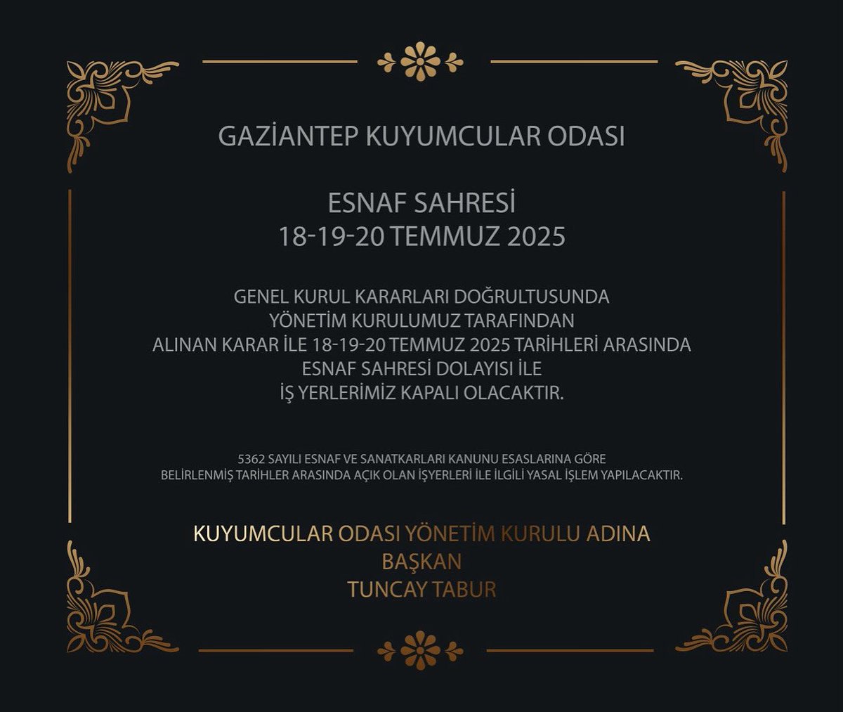 Tuncay TABUR (@tuncaytabur) on Twitter photo Ahilik kültürü olan Esnaf sahremizin tüm esnaflarımıza hayırlı olmasını temenni ediyorum. Ahilik kültürü olan Esnaf sahremizin tüm esnaflarımıza hayırlı olmasını temenni ediyorum.