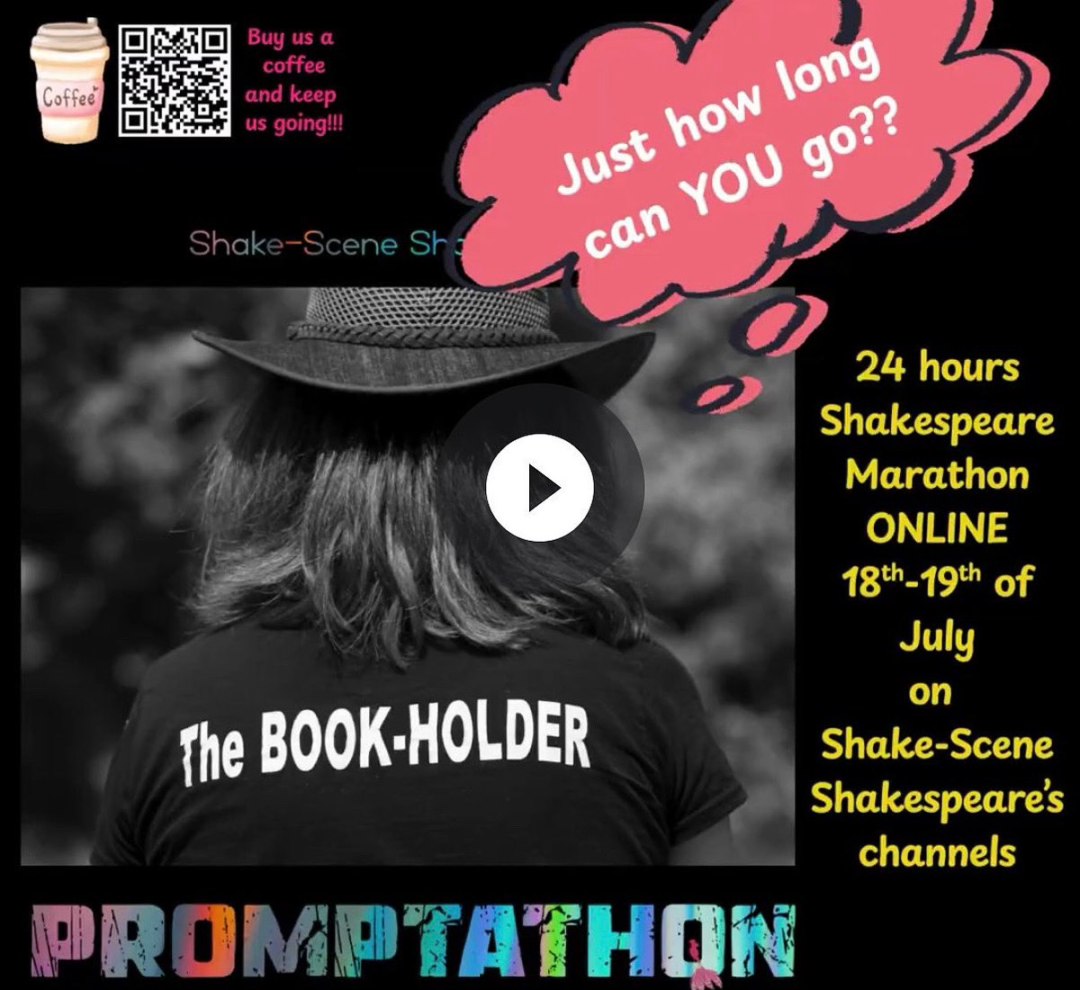 PROMPTATHON 2025!
#Shakespeare from #cuesonly from 8pmBST Friday 18th July to 8 pmBST Saturday 19th
Sign-up to watch &amp; support: forms.gle/ngtJgK4EeZKJNe…
8-11.30pm PERICLES
12- 3.30am (July 19th) OTHELLO
4-7am MND
7.30-11am KING LEAR
11.30-2.3pm MUCH ADO
3.00-5.30pm R&amp;J 
6-8pm tbc