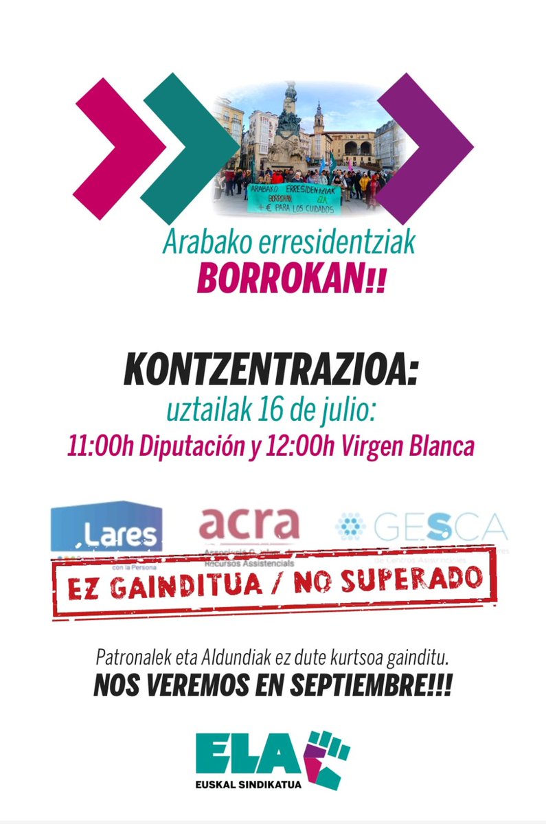 La lucha continua x dignificar nuestras condiciones laborales y asistenciales en las residencias y viviendas comunitarias privadas de Araba ✊✊✊✊✊. ,📣 !!!! Empresas Residenciales Culpables, Diputación ( PNV - PSOE) ....PP ? Responsables!!!! <a href="/ELAGasteiz_/">ELA Gasteiz</a> <a href="/GureBideoak/">Gure bideoak</a>