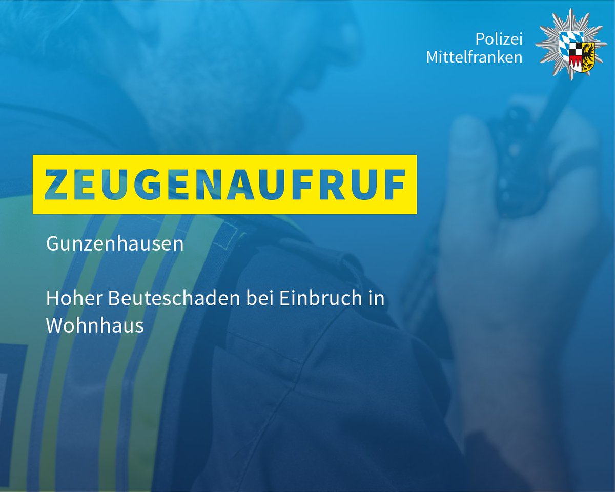 Im Verlauf des Samstags (12.07.2025) brachen Unbekannte in ein Wohnanwesen in #Gunzenhausen ein und entwendeten unter anderem #Bargeld und Wertgegenstände. Die Kriminalpolizei ermittelt und bittet um Hinweise aus der Bevölkerung.

polizei.bayern.de/aktuelles/pres…