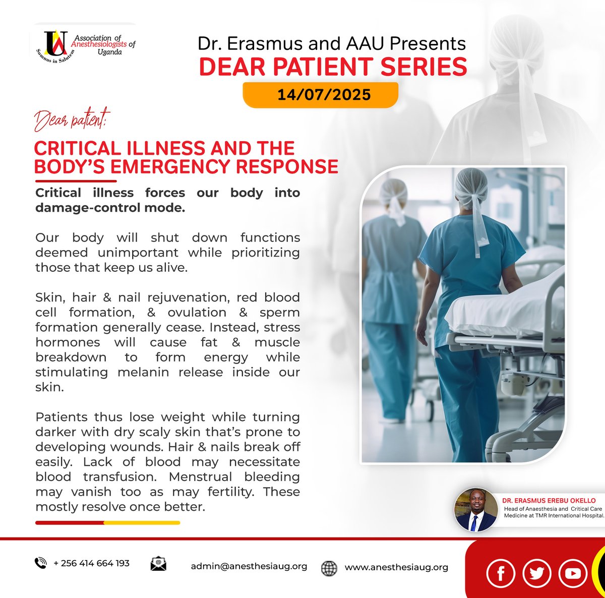 During critical illness, the body shifts into survival mode — shutting down non-essential functions like skin renewal, hair growth, and fertility. Weight loss, dry skin, darkening, and brittle nails are common. These changes often reverse with recovery.

#DearPatientSeries