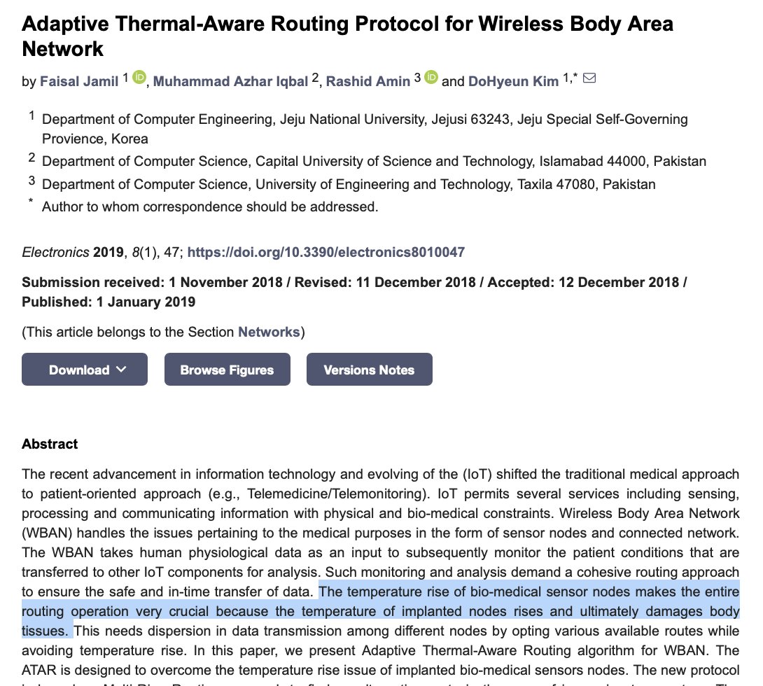 CorinneNokel's tweet image. Effects of routing electrical computer data through the tissue 

&apos;The temperature rise of bio-medical sensor nodes makes the entire routing operation very crucial because the temperature of implanted nodes rises and ultimately damages body tissues.&apos;
mdpi.com/2079-9292/8/1/…