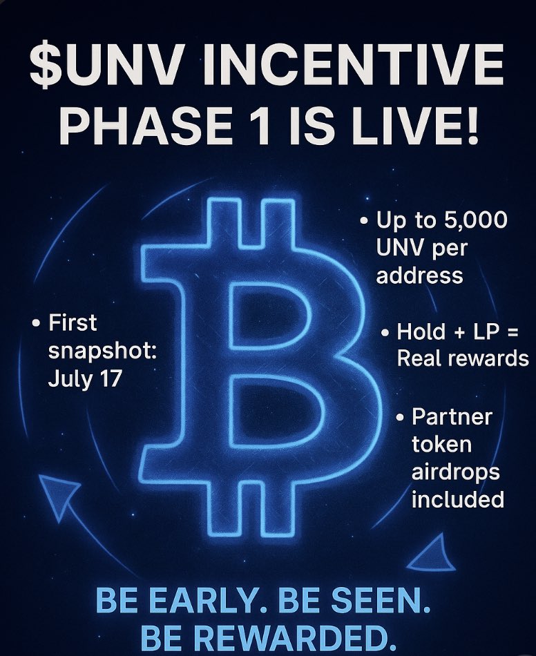 🚨 $UNV Incentive Phase 1 is live!
🪙 Up to 5,000 UNV per address
📅 First snapshot: July 17
💧 Hold + LP = Real rewards
🔥 Partner token airdrops included
Be early. Be seen. Be rewarded.
👉 t.me/+zaRjcm4SYmI3Z…
#UNV #BitcoinRunes #FairLaunch #fomowell #Univoice