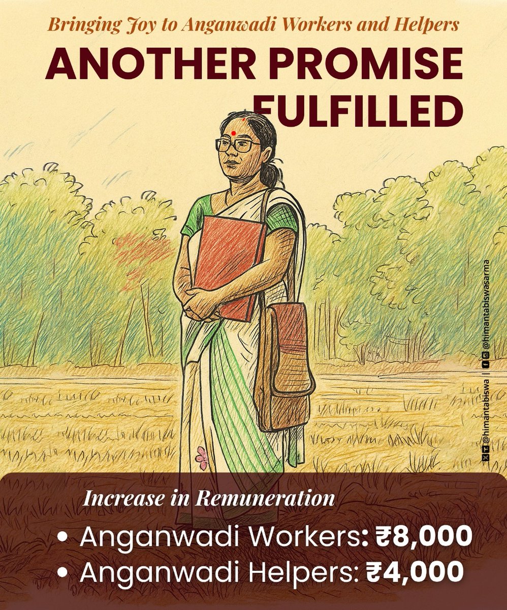 himantabiswa's tweet image. Good news for Anganwadi Workers and Helpers!

With our recent #AssamCabinet decision on enhancing their remuneration, we have fulfilled yet another promise made to the people.

#PromisesFulfilled