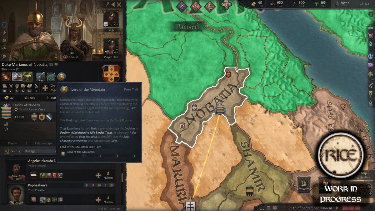 ⛰️Nubia Flavor Pack Preview #9⛰️

Clue 9 for RICE's upcoming Nubia update was about the Eparch/governor of Nobatia, also called the Lord of the Mountain. A new trait represents their role in enforcing the Baqt &amp; maintaining Makuria's northern frontier

#CK3 #CK3Mod #CrusaderKings