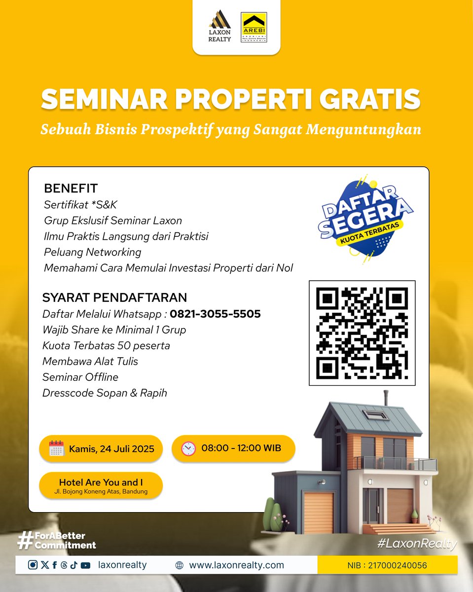 LaxonRealty's tweet photo. Ikuti SEMINAR PROPERTI GRATIS dari Laxon Realty!
Belajar langsung dari para praktisi properti terbaik.

📍 Lokasi: Hotel Are You and I
🗓️ Tanggal: Kamis, 24 Juli 2025
🕗 Waktu: 08:00 – 12:00 WIB

📲 Daftar cepat: 0821-3055-5505
atau klik: https://t.co/e6QYjH4rup https://t.co/Ic1Gz4cy8V