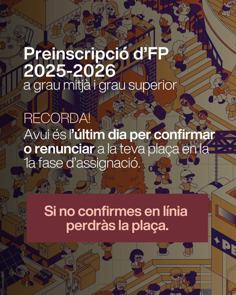 educaciocat's tweet image. Recorda que avui és l'últim dia per confirmar la teva plaça en línia si has obtingut la primera opció en la primera tanda. Fes-ho aquí: preinscripcio.gencat.cat