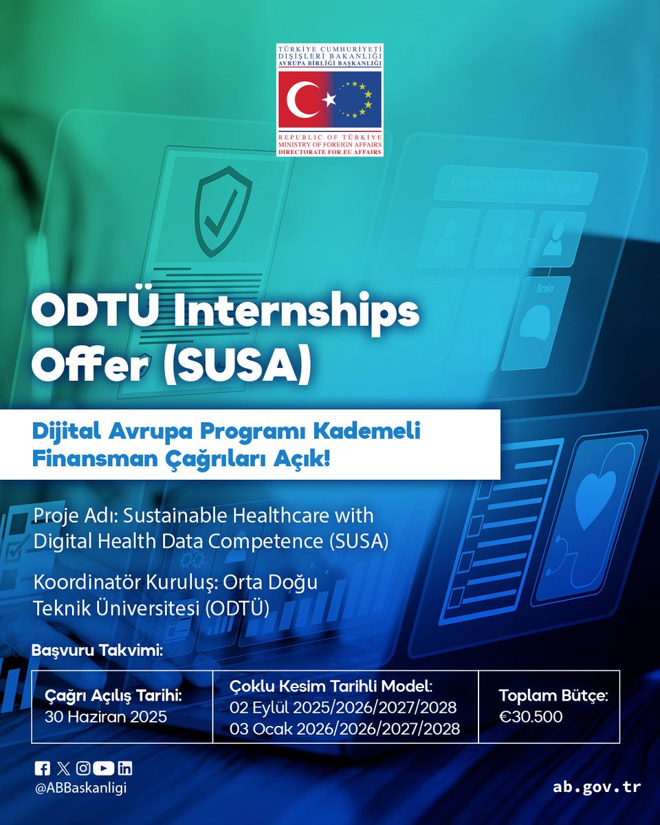 Dijital Avrupa Programı Kademeli Finansman Çağrılarından SUSA ODTÜ Staj Çağrısı Açık!

Dijital sağlık teknolojileri ve yapay zeka alanlarında kısa süreli staj yapmak ister misin?

ODTÜ koordinasyonundaki SUSA projesi kapsamında 4 haftalık staj fırsatı seni bekliyor!

🎓 BSc/MSc