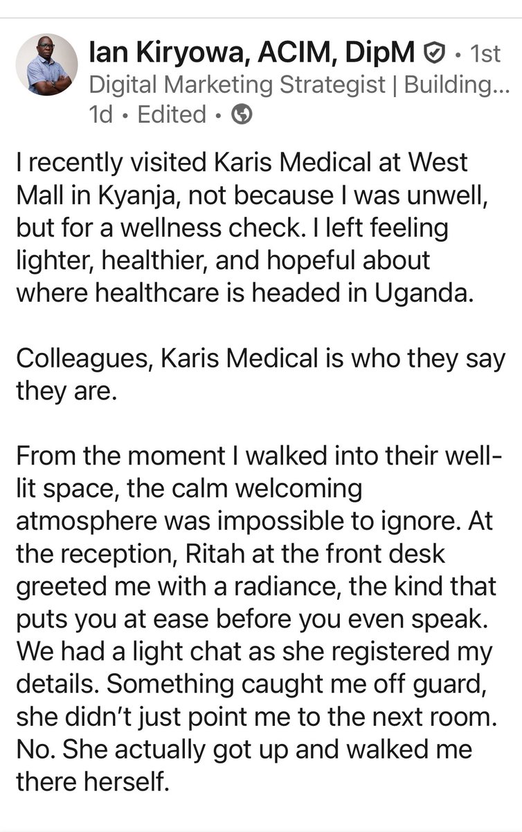 andykristian's tweet image. A man came to @KarisMedical and left a glowing review on public media — that’s why I am re-sharing; as it doesn’t break patient confidentiality. I am super proud that our team is taking our #beyondcare mantra seriously, and people are noticing. Humbled! Thank you Mr. Kiryowa 🙏🏽