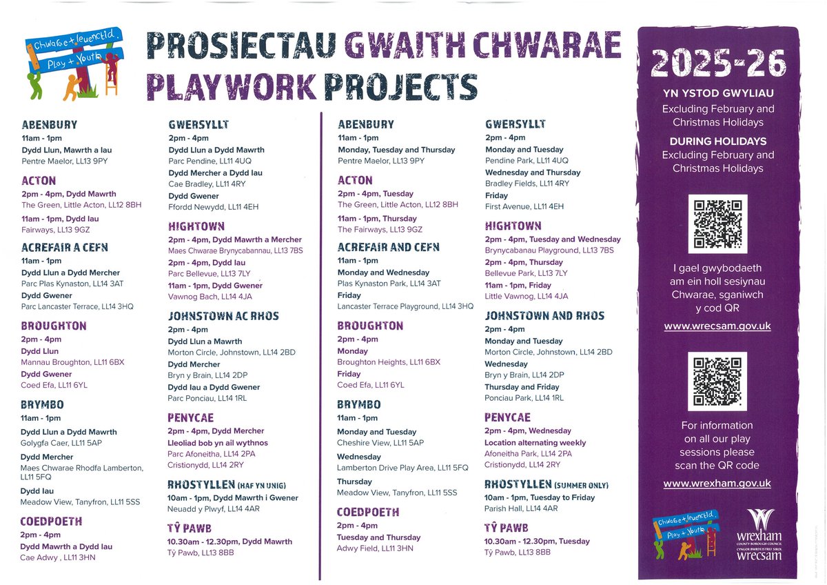 Andrew Ruscoe β½οΈ (@andrewruscoe) on Twitter photo π FREE Playwork Sessions for Children with <a href="/wrexhamcbc/">Wrexham Council</a>! π
π Across Wrexham β including nearby areas like Rhos, Johnstown, Coedpoeth, Hightown & Ty Pawb!
π TERM-TIME PLAYWORK PROJECTS 2025β26
π
Sessions run weekly during school term time
π Times vary by location β see full π FREE Playwork Sessions for Children with <a href="/wrexhamcbc/">Wrexham Council</a>! π
π Across Wrexham β including nearby areas like Rhos, Johnstown, Coedpoeth, Hightown & Ty Pawb!
π TERM-TIME PLAYWORK PROJECTS 2025β26
π
Sessions run weekly during school term time
π Times vary by location β see full