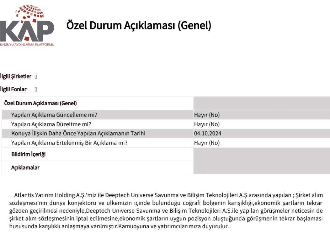 borsaveyatirim8's tweet photo. #bist100 Atlantis Yatırım Holding (#ATSYH) hisselerinde manipülasyon yaptıkları öne sürülen 8 şüpheli hakkında ’suç işlemek amacıyla örgüt kurma’ ve ’piyasa dolandırıcılığı’ suçlarından gözaltı kararı verildi

Sizlere Türkçemizdeki klasik olay örgüsünün borsa versiyonunu anlatacağım şimdi

GİRİŞ;

Şirket bir yakın izleme pazarı hissesi. Finansal anlamda yetkinliği kısıtlı. 29 Temmuz 2024 tarihinde ilk resimdeki KAP bildirimini paylaşarak bir şirketi "150 milyon dolar" karşılığında satın almak için anlaşmaya vardıklarını açıkladılar. Tabi bu KAP bildiriminden sonra hisse sert yukarı gitti

GELİŞME;

Bir yakın izleme pazarı hissesi olduğu için bir müddet sonra piyasa "acaba fake haber mi" algısına düşünce 25 Ağustos 2024 tarihinde hemen ikinci resimdeki KAP bildirimi paylaşılarak "sorun yok, devam" vurgusu yapıldı. Peşinat ödemesinin de "31 Aralık 2024" tarihinde yapılacağına dair önemli bir dipnot paylaşarak yıl sonuna kadar kendilerine zaman yarattılar

SONUÇ;

Beklenen oluyor ve 4 Ekim'de üçüncü resimdeki KAP bildirimi yapılarak "vazgeçtik" deniliyor. Ama burada da kurnazca bir dipnot var; "ilerleyen dönemde yine alacak gibi yapabiliriz haa" diyorlar. Yani olayı tamamen tedavülden kaldırmak yerine soğumak ve daha sonrasında tekrar fırına sürmek üzere rafa kaldırıyorlar

Uzun lafın kısası; borsa öyle bir mecradır ki "resmi KAP bildirimlerinde" dahi hukuki boşluklar vardır. Onun için borsa bilginizin iyi derecede olması elzemdir. Bir haber geldiğinde; "ya bu şirket bunu yapabilir mi" şeklinde sorgulama yapıp doğru cevaba ulaşabilecek yetkinliğe sahip olmalısınız

#thyao #eregl #pgsus #asels #tavhl #altny #sise #petkm #ekgyo #kozal #gubrf #sasa #tuprs #hekts #kchol #derhl #sahol #ieyho #dohol #lrsho #odas #daghl #pehol #vsnmd #dstkf #bimas #astor #cemas #gesan #zoren #sokm #smrtg #ygyo #begyo #halkb #vakbn #doas #froto #otkar #turex #izfas #dagi #etilr #papil #smrva