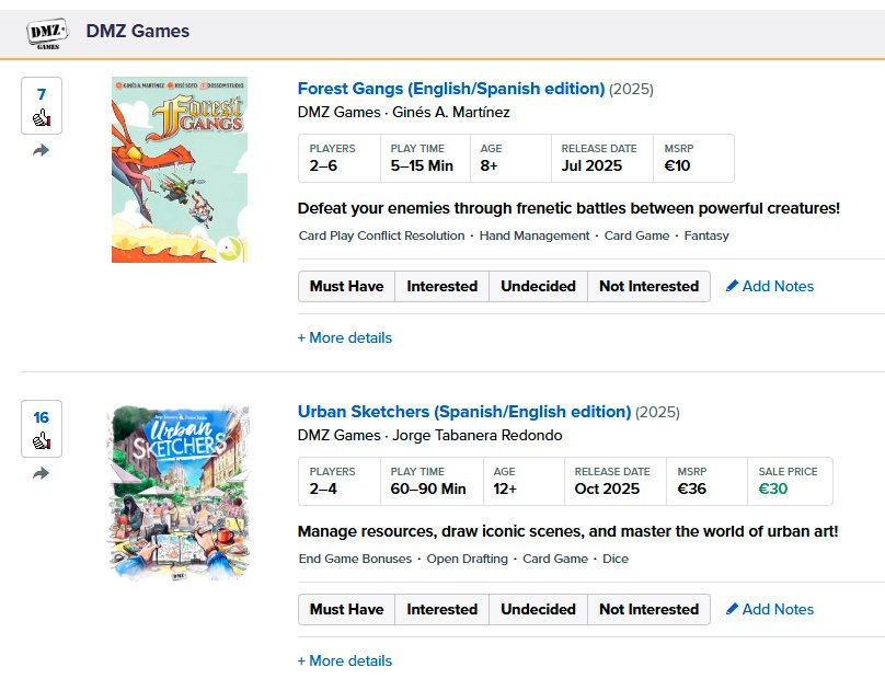 📣 ¡La 𝘱𝘳𝘦𝘷𝘪𝘦𝘸 𝘭𝘪𝘴𝘵 de #Spiel25 ya está operativa!

Os compartimos el enlace a nuestras novedades para darles un poco de amor y calentar motores de cara a @spiel_messe 👍🏻 ¡Pulgares arriba!

🔗 boardgamegeek.com/geekpreview/78…