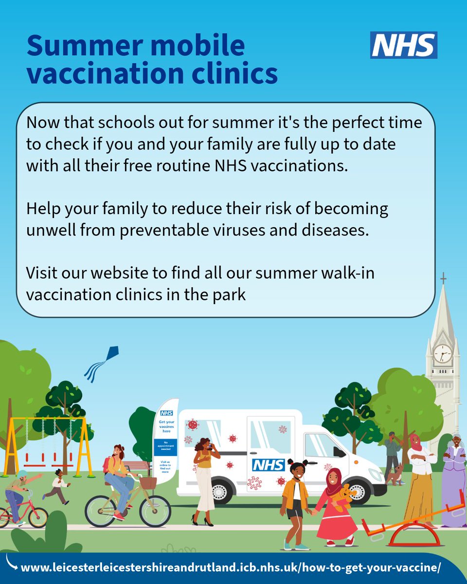 NHS Leicester, Leicestershire and Rutland (@nhs_llr) on Twitter photo If you’re taking your family on holiday, they could be exposed to viruses in different cities and countries.
Ensure you're all fully up to date with all the NHS recommended vaccines at our walk-in clinics at several Leicester city parks, this summer: …erleicestershireandrutland.icb.nhs.uk/how-to-get-you… If you’re taking your family on holiday, they could be exposed to viruses in different cities and countries.
Ensure you're all fully up to date with all the NHS recommended vaccines at our walk-in clinics at several Leicester city parks, this summer: …erleicestershireandrutland.icb.nhs.uk/how-to-get-you…