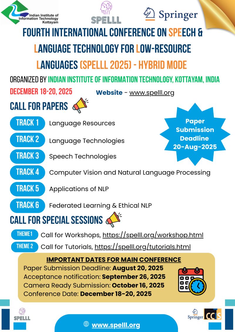 ℂ𝕒𝕝𝕝 𝕗𝕠𝕣 ℙ𝕒𝕡𝕖𝕣𝕤 – 𝕊ℙ𝔼𝕃𝕃𝕃 𝟚𝟘𝟚𝟝 
(𝗦𝗣𝗘𝗟𝗟𝗟 𝟮𝟬𝟮𝟱), <a href="/UNLP_Galway/">Unit for Natural Language Processing</a> <a href="/insight_centre/">Insight Research Ireland Centre</a> <a href="/galwaycs/">School of Computer Science, University of Galway</a> <a href="/galwayDSI/">Data Science Institute @ University of Galway</a> 
We are also inviting 𝗦𝗽𝗲𝗰𝗶𝗮𝗹 𝗦𝗲𝘀𝘀𝗶𝗼𝗻𝘀 for:
 🌐 𝗠𝗼𝗿𝗲 𝗱𝗲𝘁𝗮𝗶𝗹𝘀: spelll.org