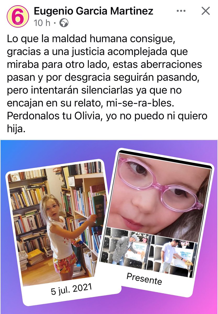 Eugenio, papá de Olivia, niña asesinada por su madre en 2021 manda este mensaje a políticos, jueces, trabajadores sociales, abogados, educadores sociales, psicólogos, médicos y todos aquellos que OCULTAN que 7 de cada 10 niños son asesinados por MUJERES. Todos aquellos que viven