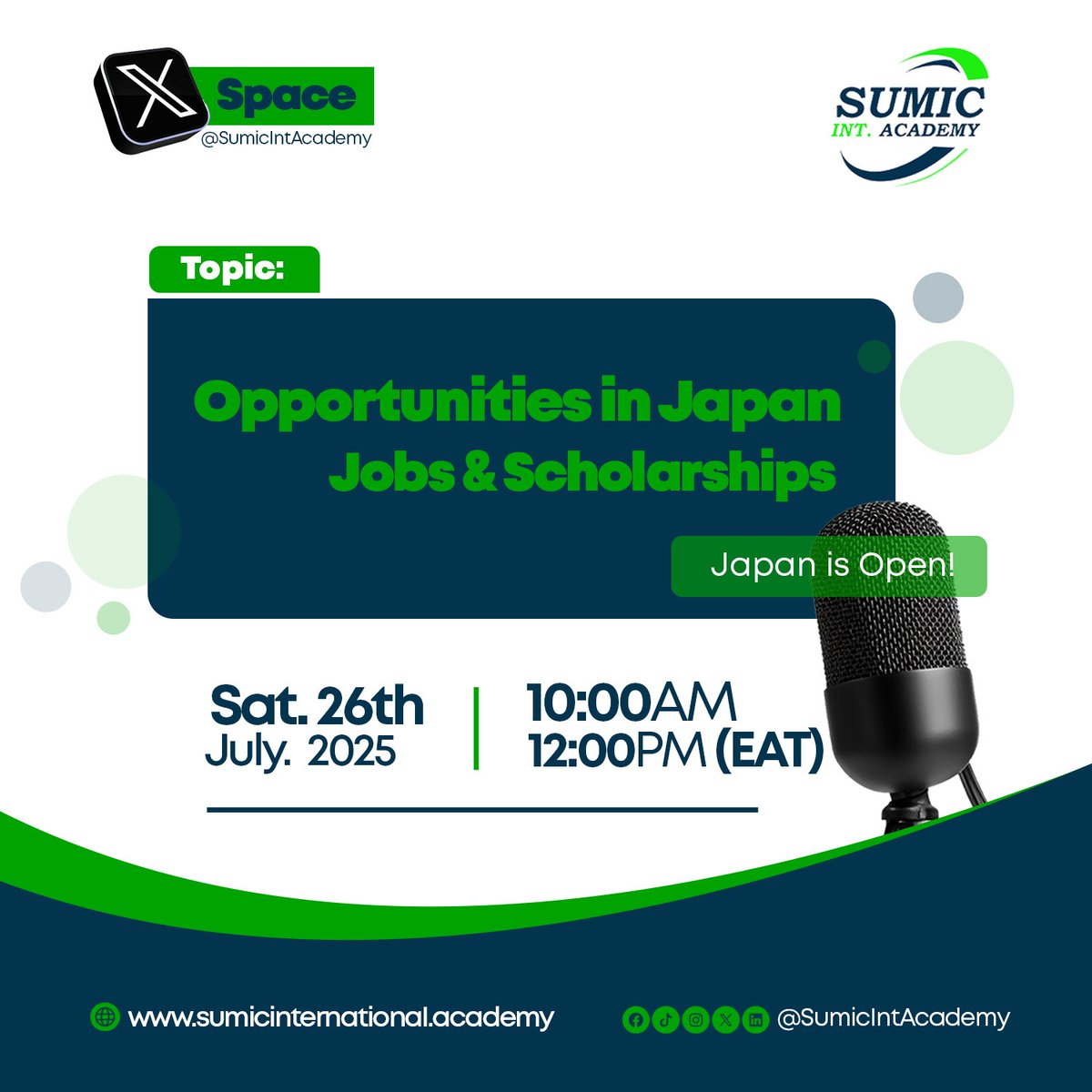 Oliveria53798's tweet image. JAPAN IS OPEN! 🚨
Looking to study or work in Japan? This is your moment! 🇯🇵
Join our LIVE X Space
Date: Sat. 26th July
Time: 10:00AM – 12:00PM EAT
Topic: Opportunities in Japan – Jobs & Scholarships
👉 Set a reminder now & don’t miss out 👇
🔗x.com/i/spaces/1MYxN…