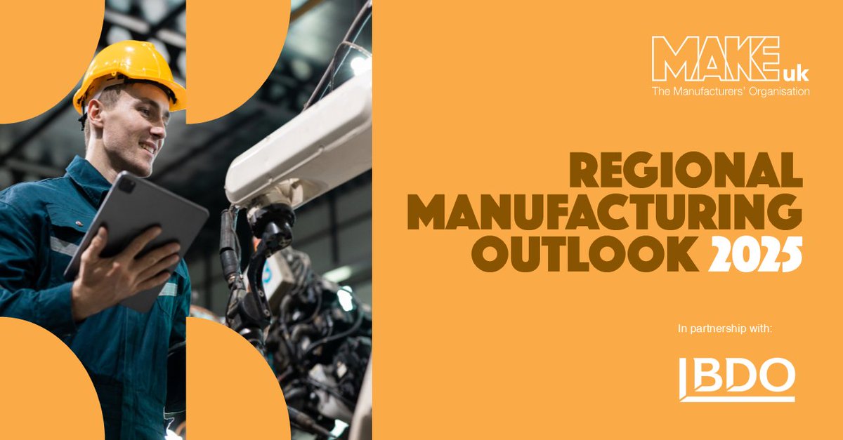 🆕 <a href="/MakeUK_/">Make UK</a> &amp; <a href="/BDOManufacture/">BDO Manufacturing</a>’s Regional Manufacturing Outlook 2025 is out now!

Despite cost pressures &amp; trade uncertainty:

📈#UKmfg output above pre-Covid levels
✈️Aerospace &amp; Defence-driven growth
🛠️12,000 jobs created + more!

Read the report ➡️ brnw.ch/21wU7ze