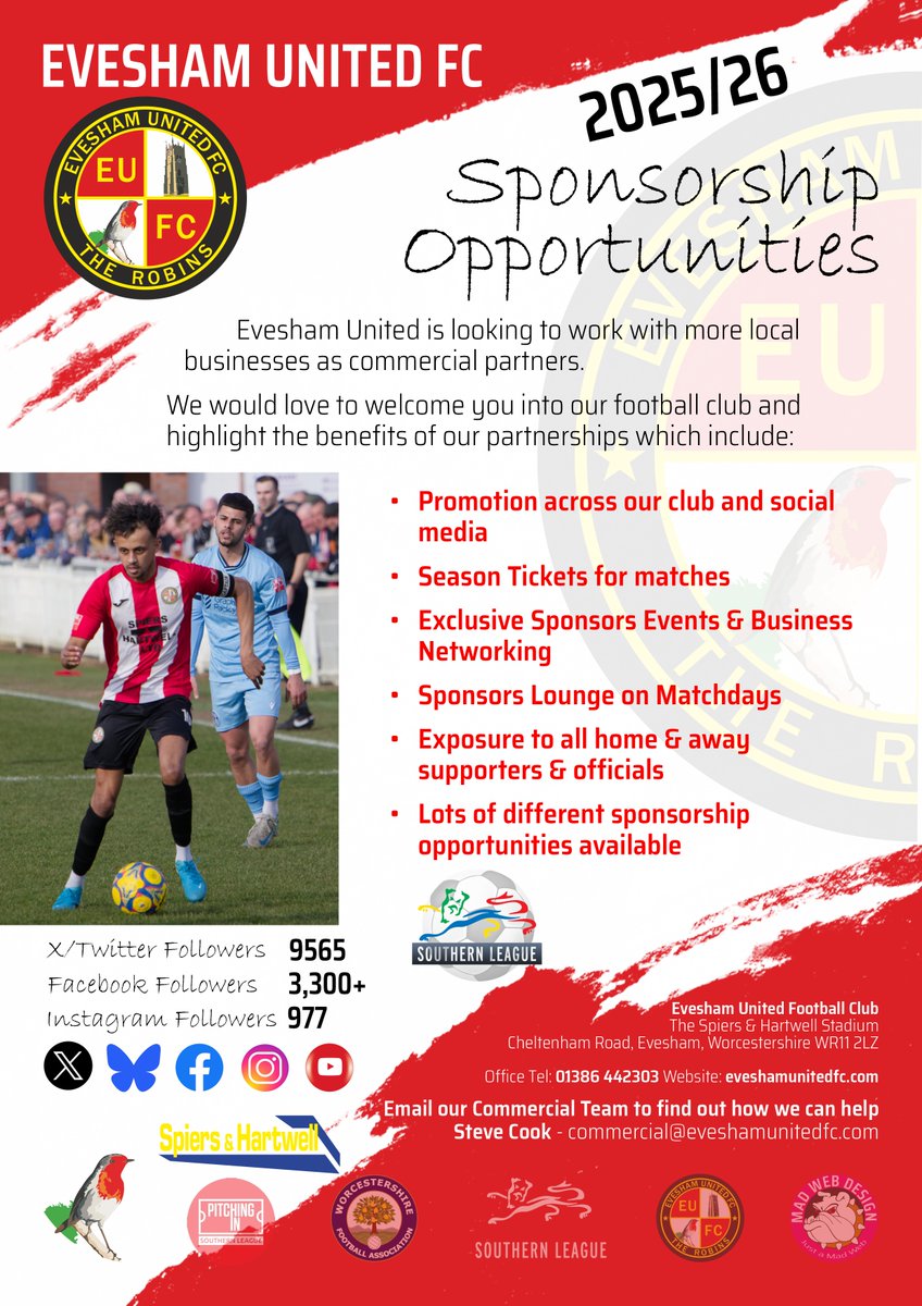 Evesham United FC (@eveshamunitedfc) on Twitter photo 📢 Commercial & Sponsorship Opportunities
🗣️ At Evesham United FC
📆 2025/26
🗣️ We are looking to work with more local businesses as commercial partners
📝 See advert for details
📩 commercial@eveshamunitedfc.com
📍 The Spiers & Hartwell Stadium WR11 2LZ
🔴⚪️#TheRobins 📢 Commercial & Sponsorship Opportunities
🗣️ At Evesham United FC
📆 2025/26
🗣️ We are looking to work with more local businesses as commercial partners
📝 See advert for details
📩 commercial@eveshamunitedfc.com
📍 The Spiers & Hartwell Stadium WR11 2LZ
🔴⚪️#TheRobins