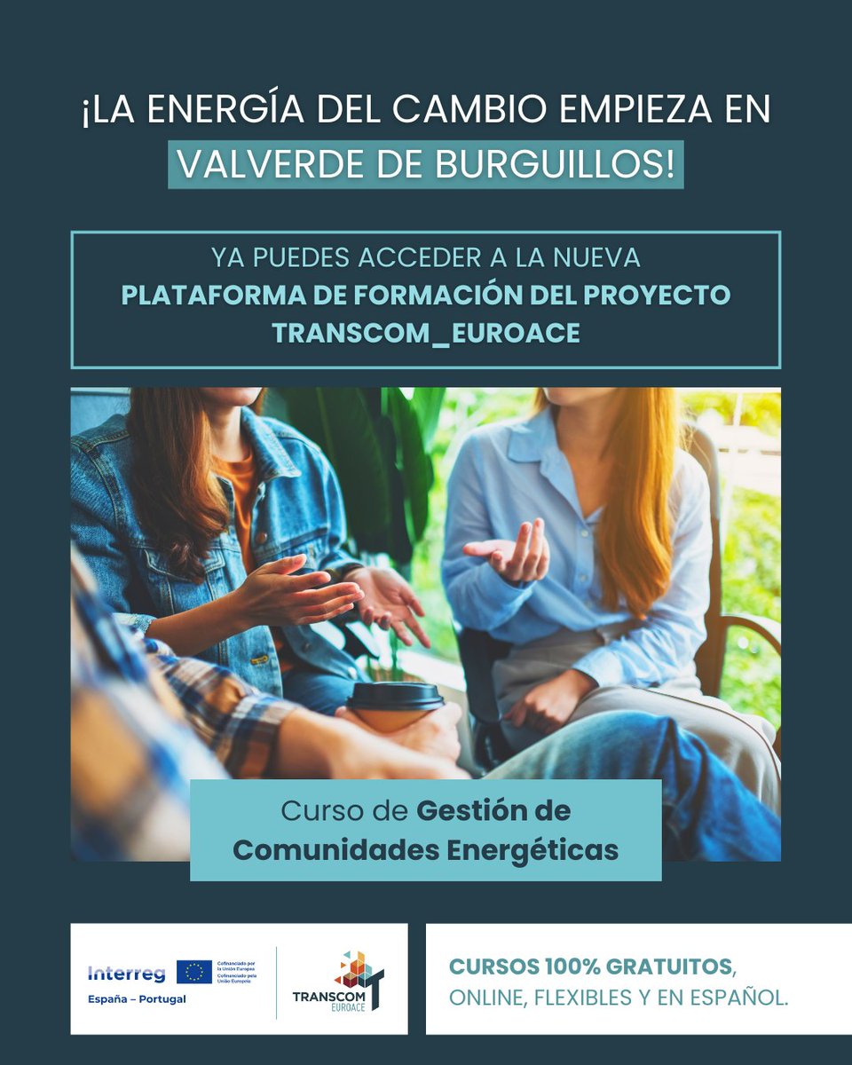 📊 ¿Quieres aprender a organizar y gestionar una #ComunidadEnergética?

🎓 Nuevo curso online gratuito de #TRANSCOM_EUROACE:
💼 Gestión de Comunidades Energéticas
🇪🇸🇵🇹 Disponible en español y portugués

🔗 f.mtr.cool/lgetzvxmhl
📌🇪🇺 Cofinanciado por @Interreg_POCTEP 2021-2027