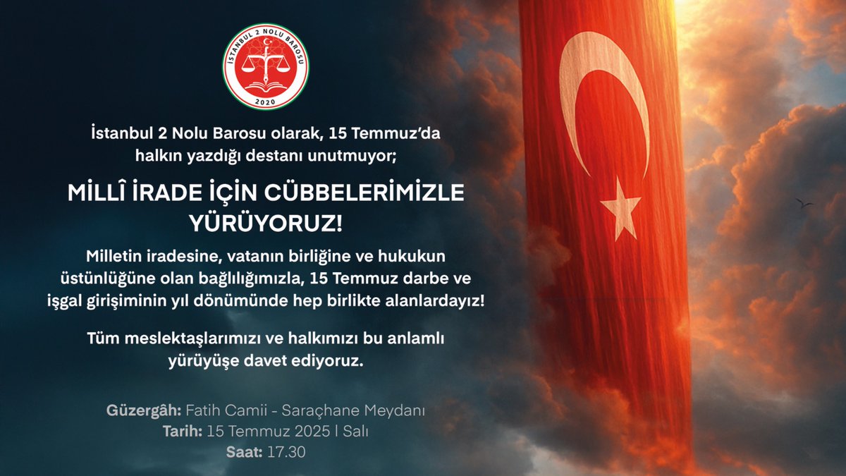 15 Temmuz hain darbe teşebbüsünün yıl dönümünde şehit ve gazilerimizi anmak, milletimizin iradesine sahip çıktığımızı bir kez daha ilan etmek, darbecilerin ve onları maşa olarak kullananların karşısında olduğumuzu göstermek üzere cübbelerimizle yürüyoruz.